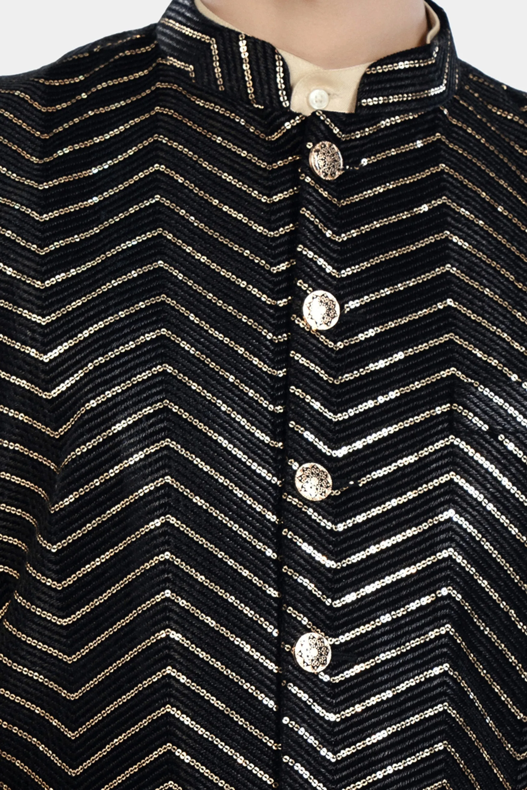 Jade Black Chevron Thread and Sequin Embroidered Designer Nehru Jacket sold by French Crown product image thumbnail 4
