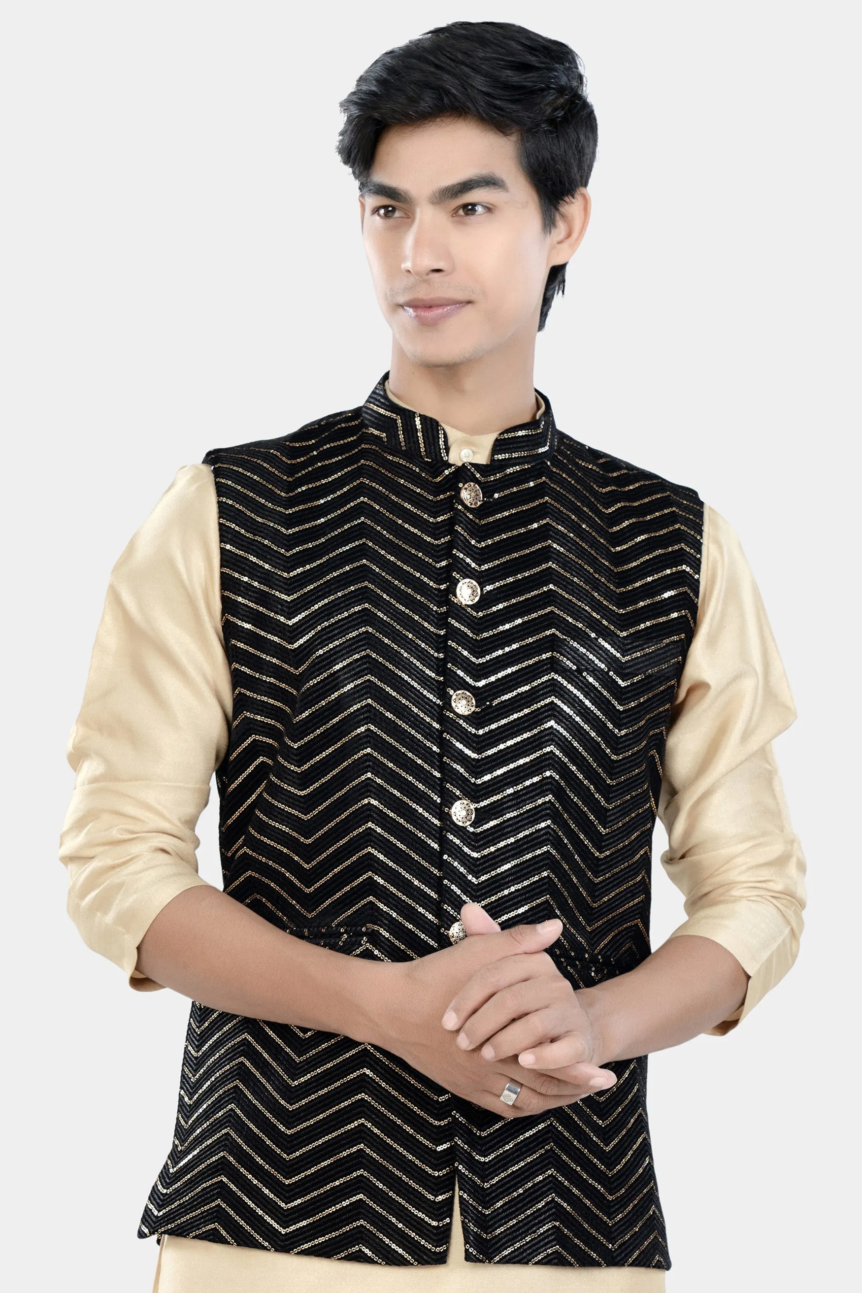 Jade Black Chevron Thread and Sequin Embroidered Designer Nehru Jacket sold by French Crown product image thumbnail 2