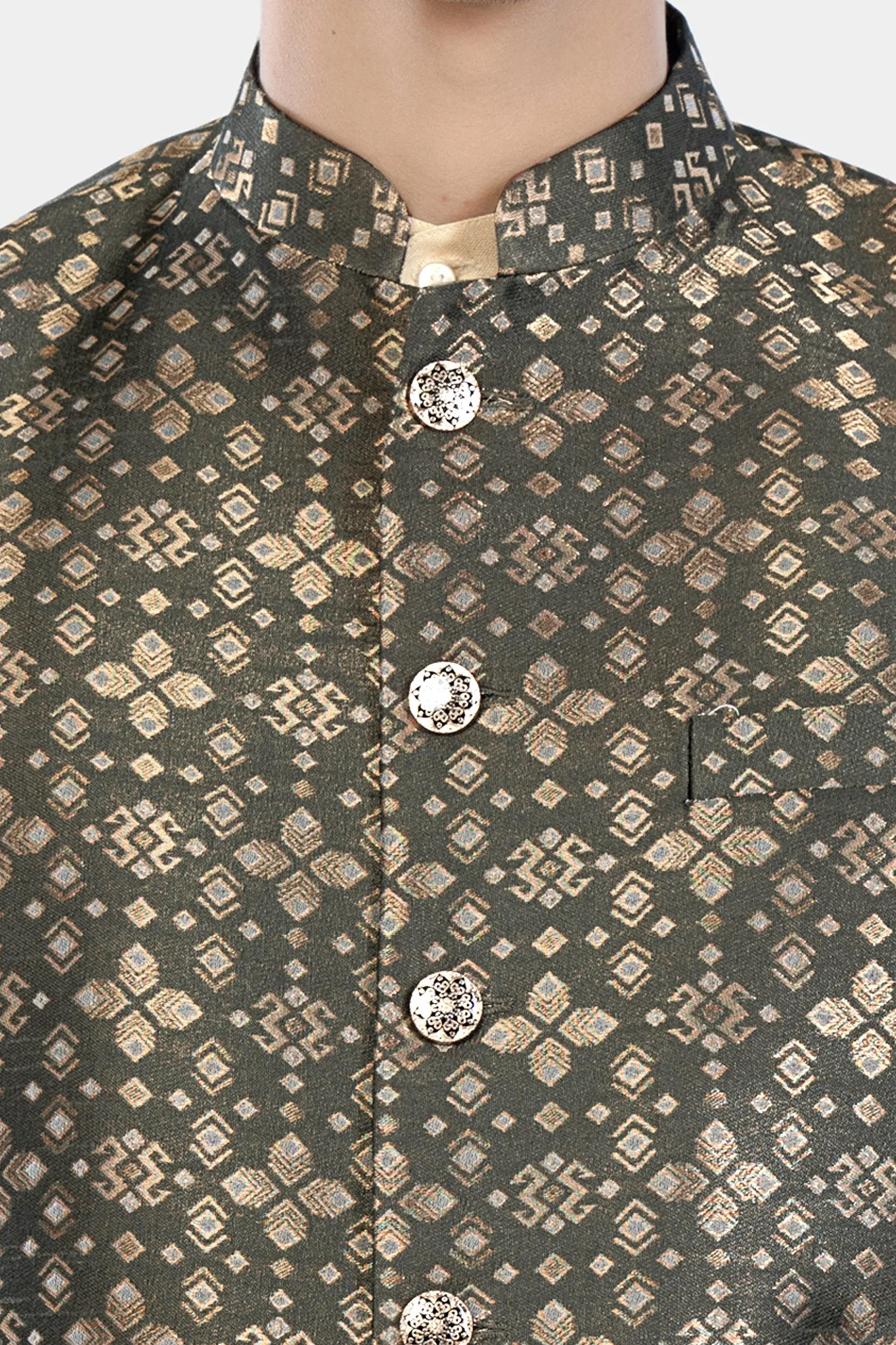 Fuscous Green and Mongoose Brown Floral Jacquard Textured Designer Nehru Jacket sold by French Crown product image thumbnail 4