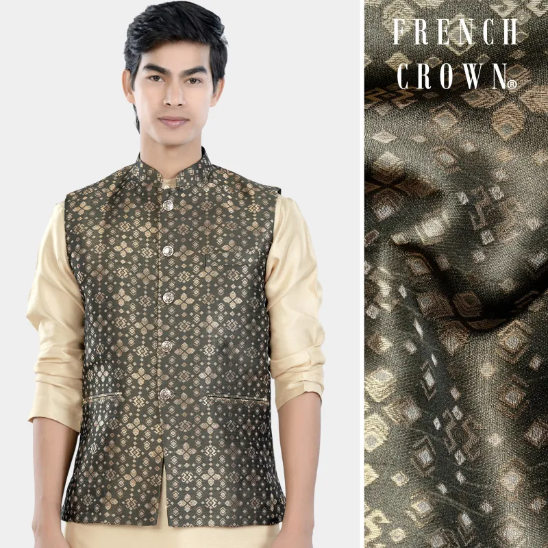 Fuscous Green and Mongoose Brown Floral Jacquard Textured Designer Nehru Jacket sold by French Crown