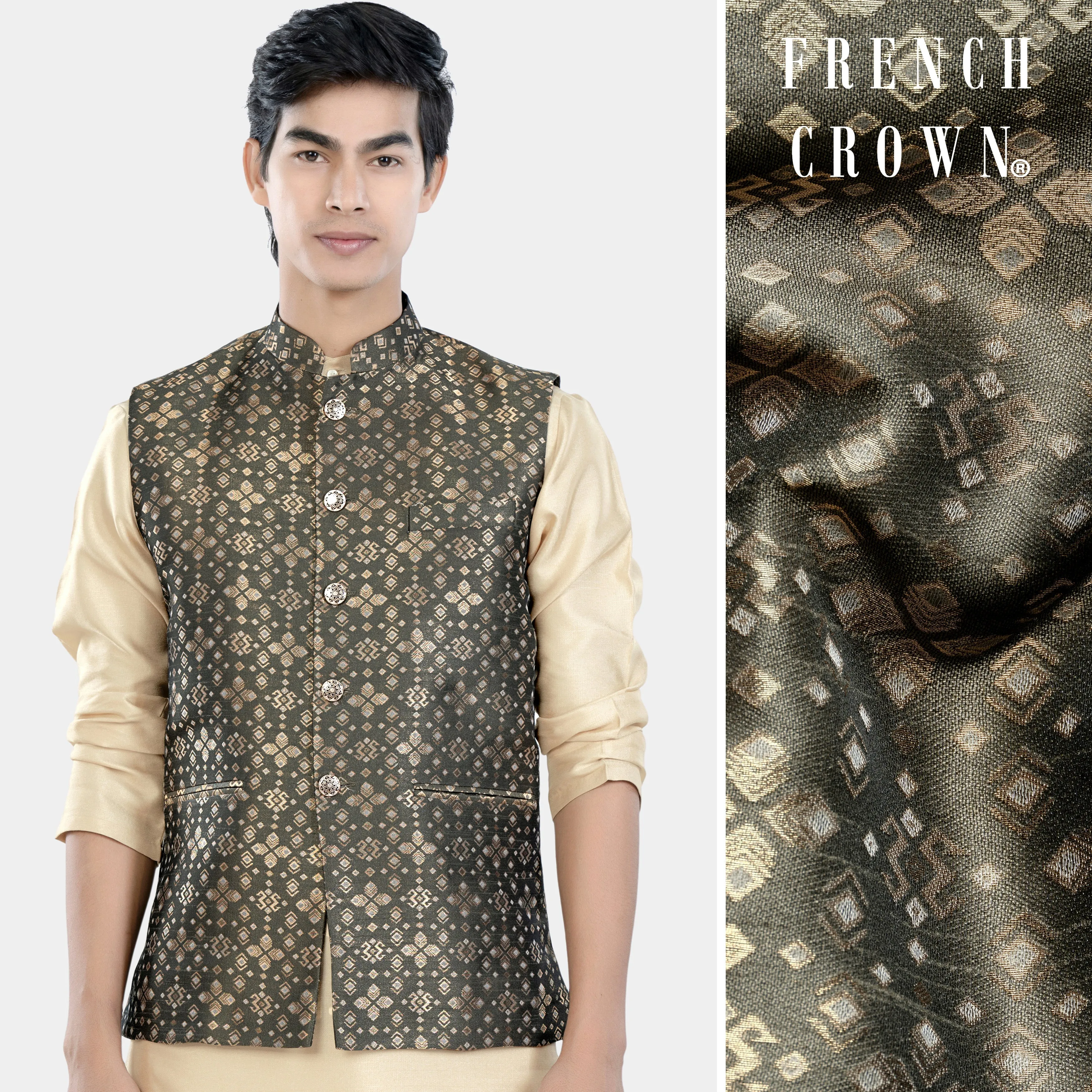 Fuscous Green and Mongoose Brown Floral Jacquard Textured Designer Nehru Jacket sold by French Crown