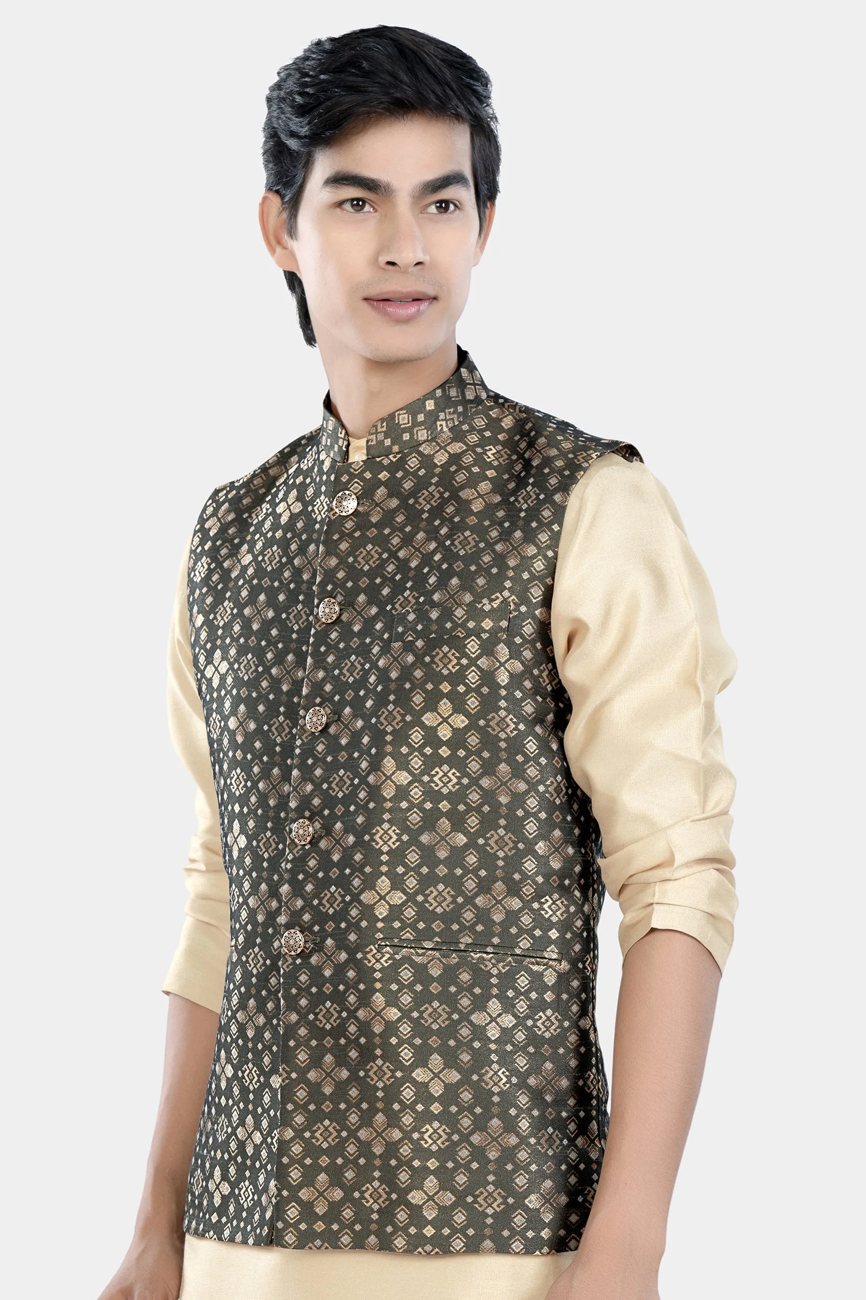 Fuscous Green and Mongoose Brown Floral Jacquard Textured Designer Nehru Jacket sold by French Crown product image thumbnail 5