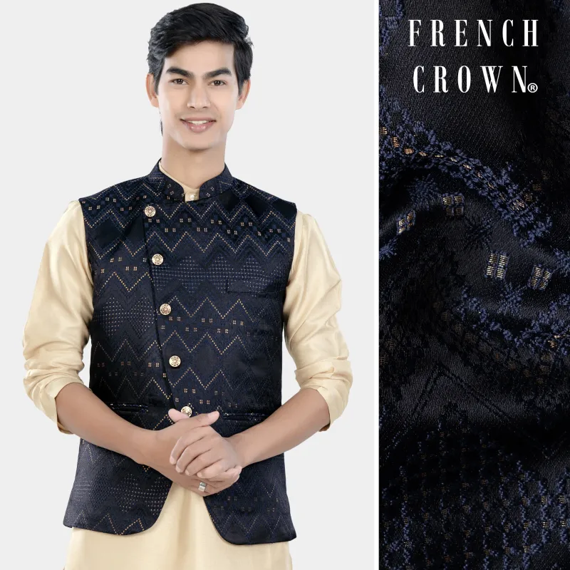 Bunker and Cloud Burst Blue Chevron Thread Embroidered Designer Nehru Jacket sold by French Crown