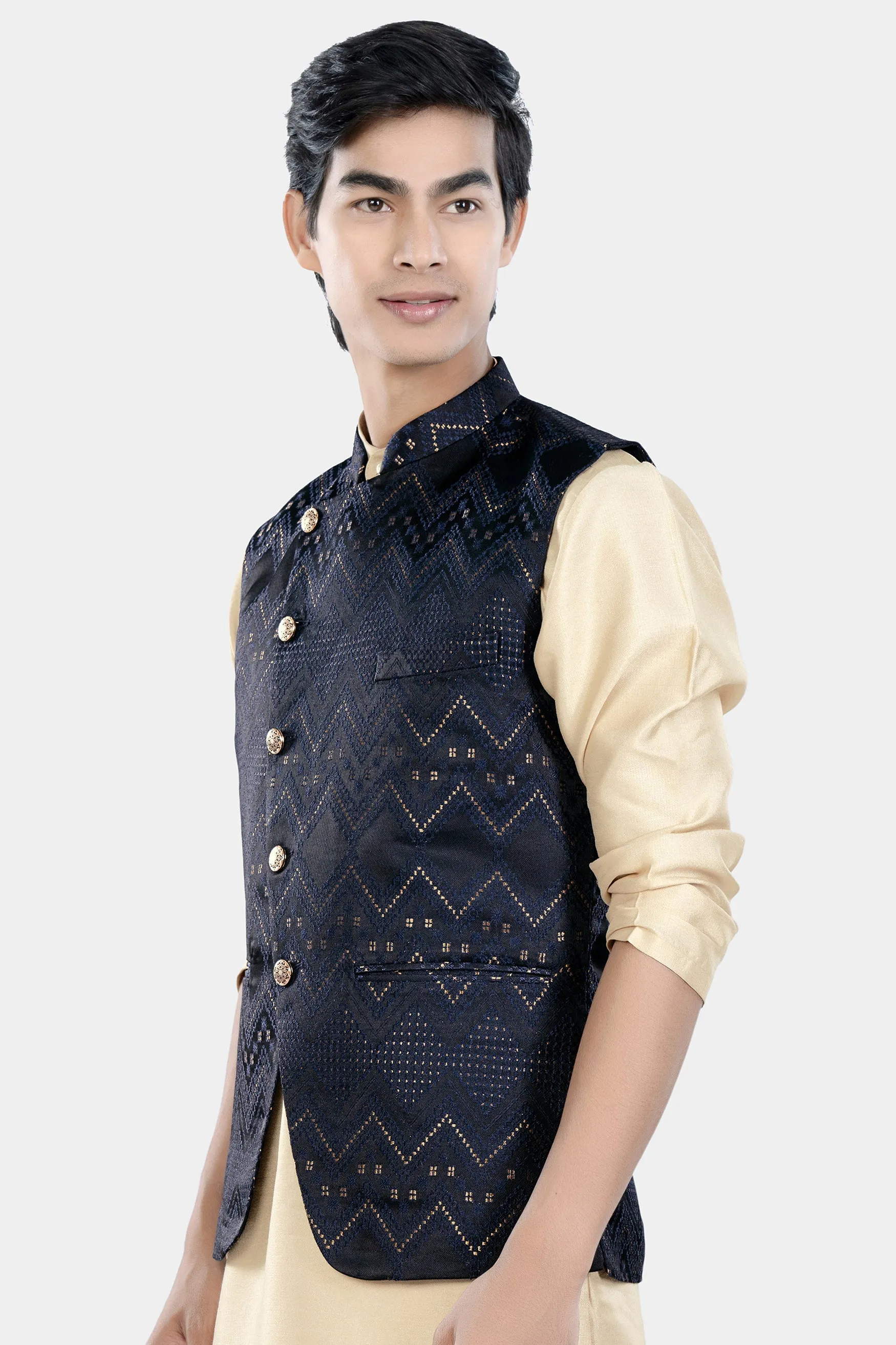 Bunker and Cloud Burst Blue Chevron Thread Embroidered Designer Nehru Jacket sold by French Crown product image thumbnail 5