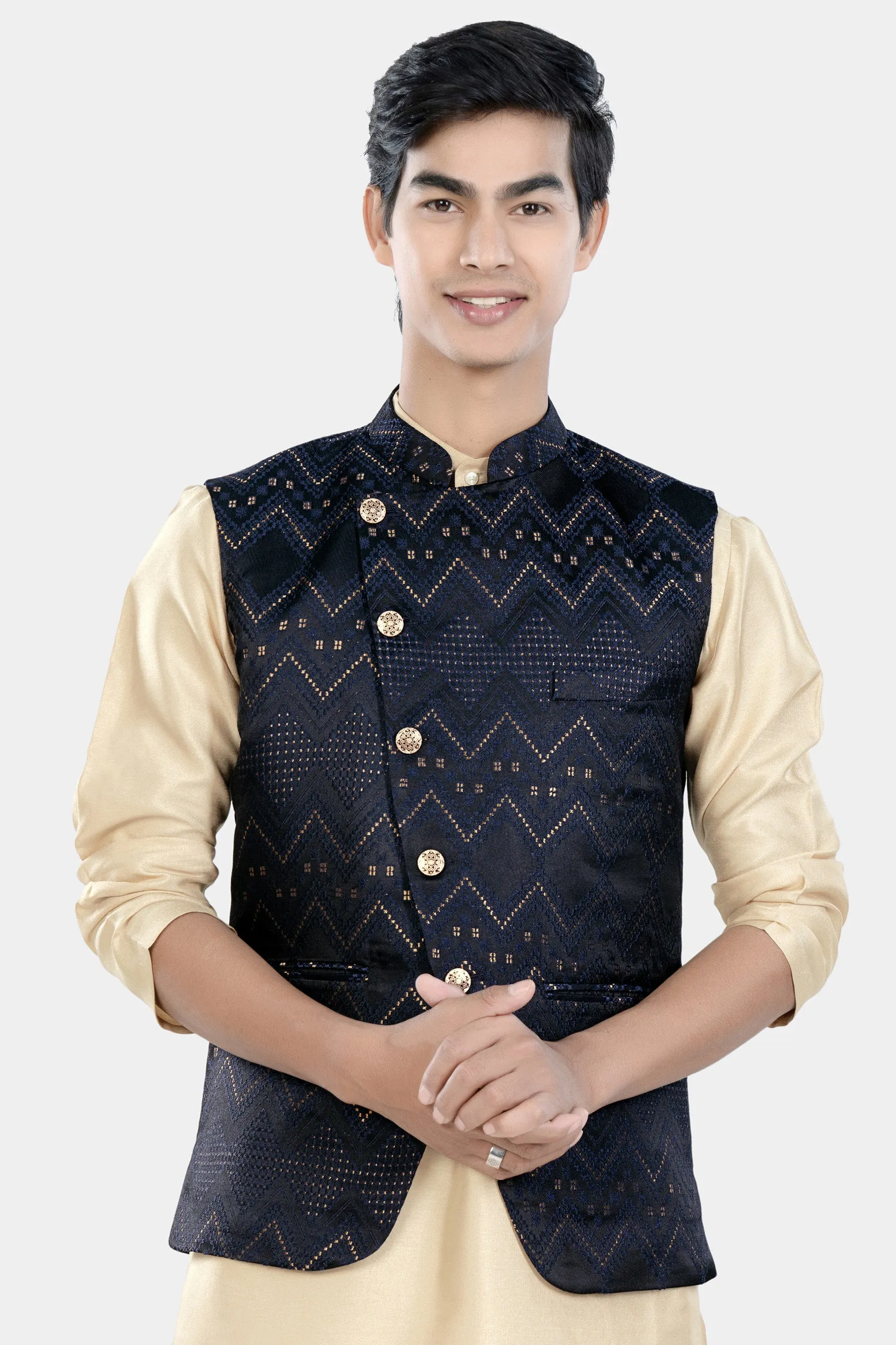 Bunker and Cloud Burst Blue Chevron Thread Embroidered Designer Nehru Jacket sold by French Crown product image thumbnail 2