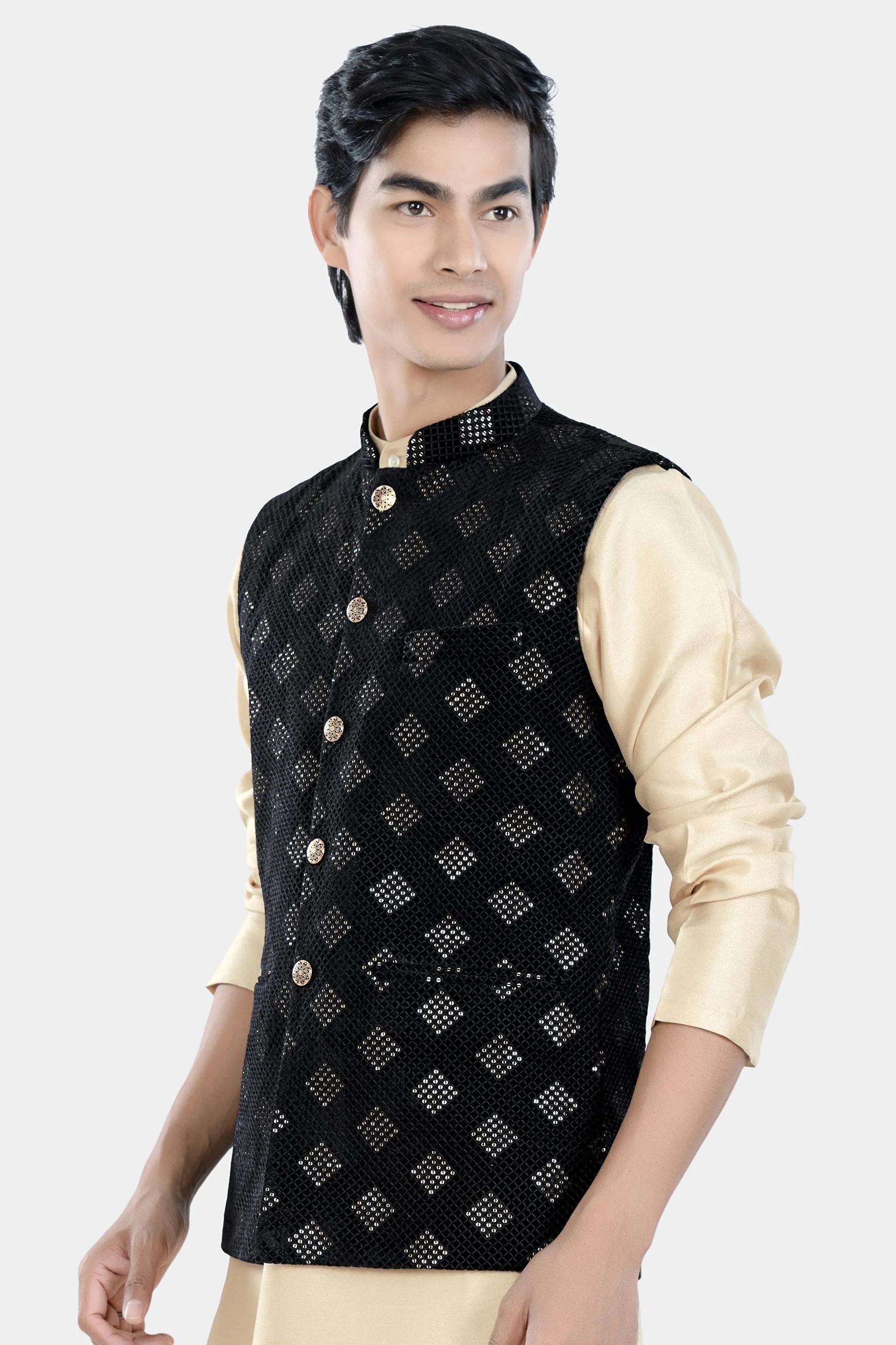 Jade Black Geometric Sequin and Thread Embroidered Designer Nehru Jacket sold by French Crown product image thumbnail 5