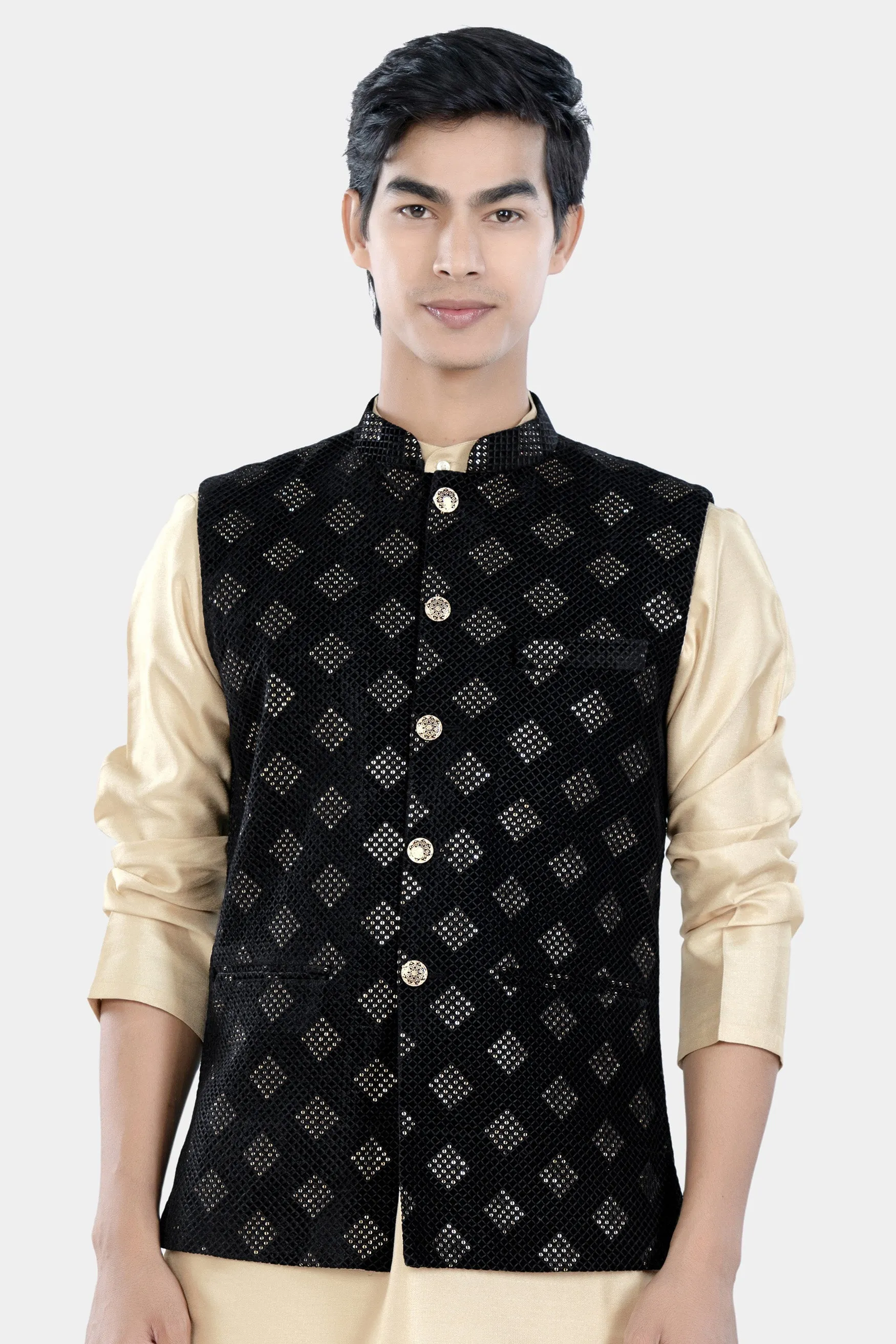 Jade Black Geometric Sequin and Thread Embroidered Designer Nehru Jacket sold by French Crown product image thumbnail 2