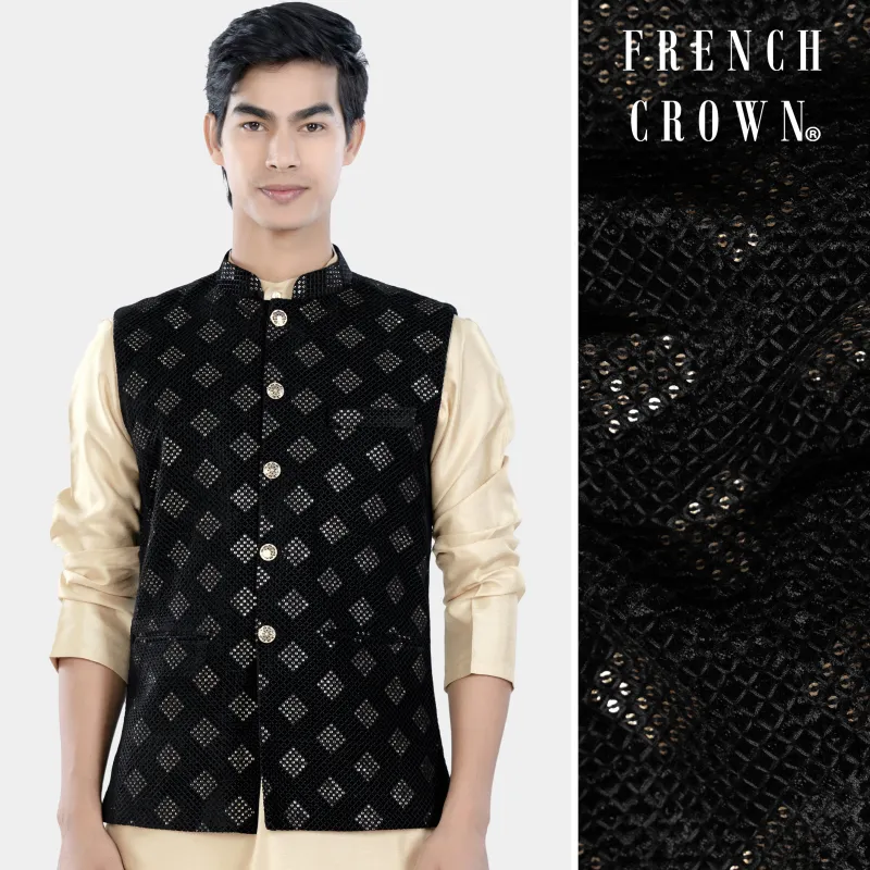 Jade Black Geometric Sequin and Thread Embroidered Designer Nehru Jacket sold by French Crown