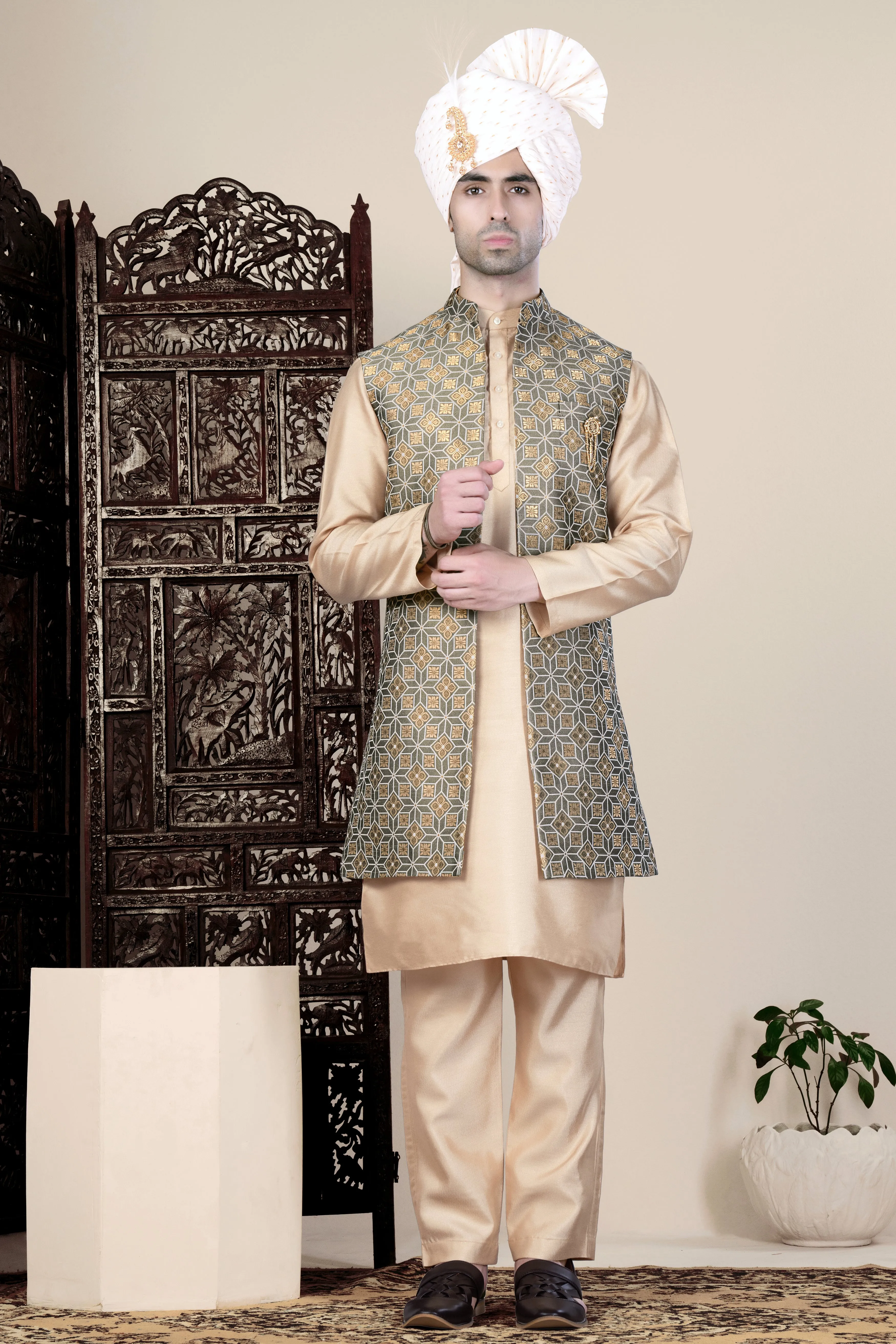 Friar Gray and Pavlova Brown Geometric Pattern Jacquard Weave Long Open Koti with Kurta sold by French Crown product image thumbnail 4