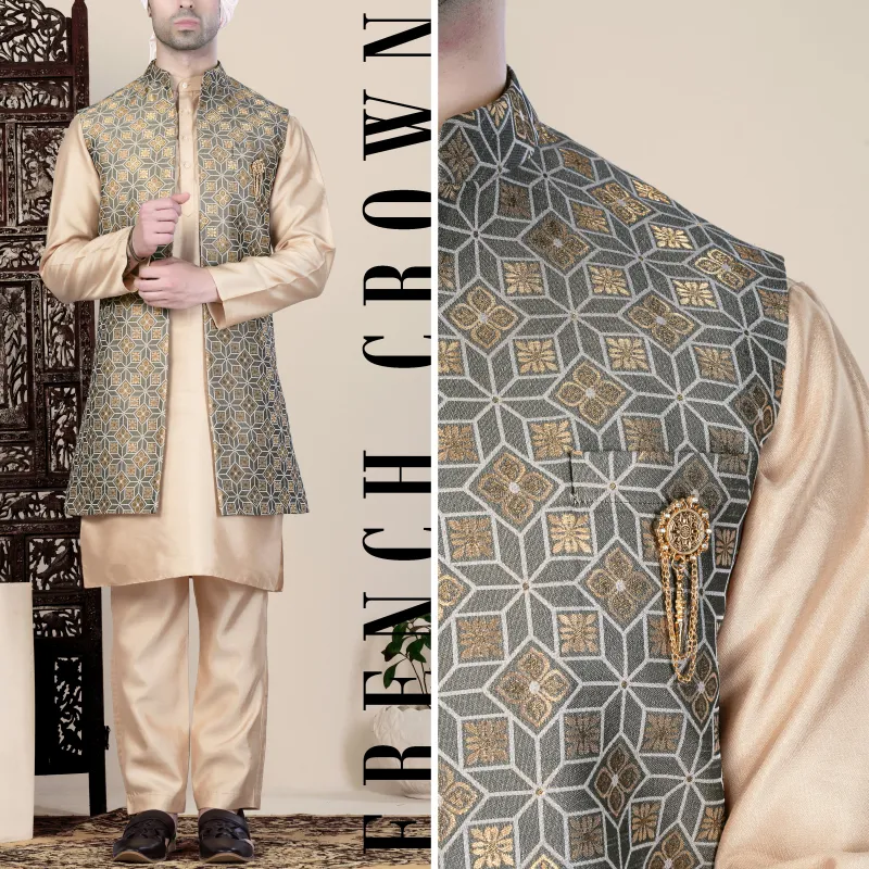Friar Gray and Pavlova Brown Geometric Pattern Jacquard Weave Long Open Koti with Kurta made by French Crown