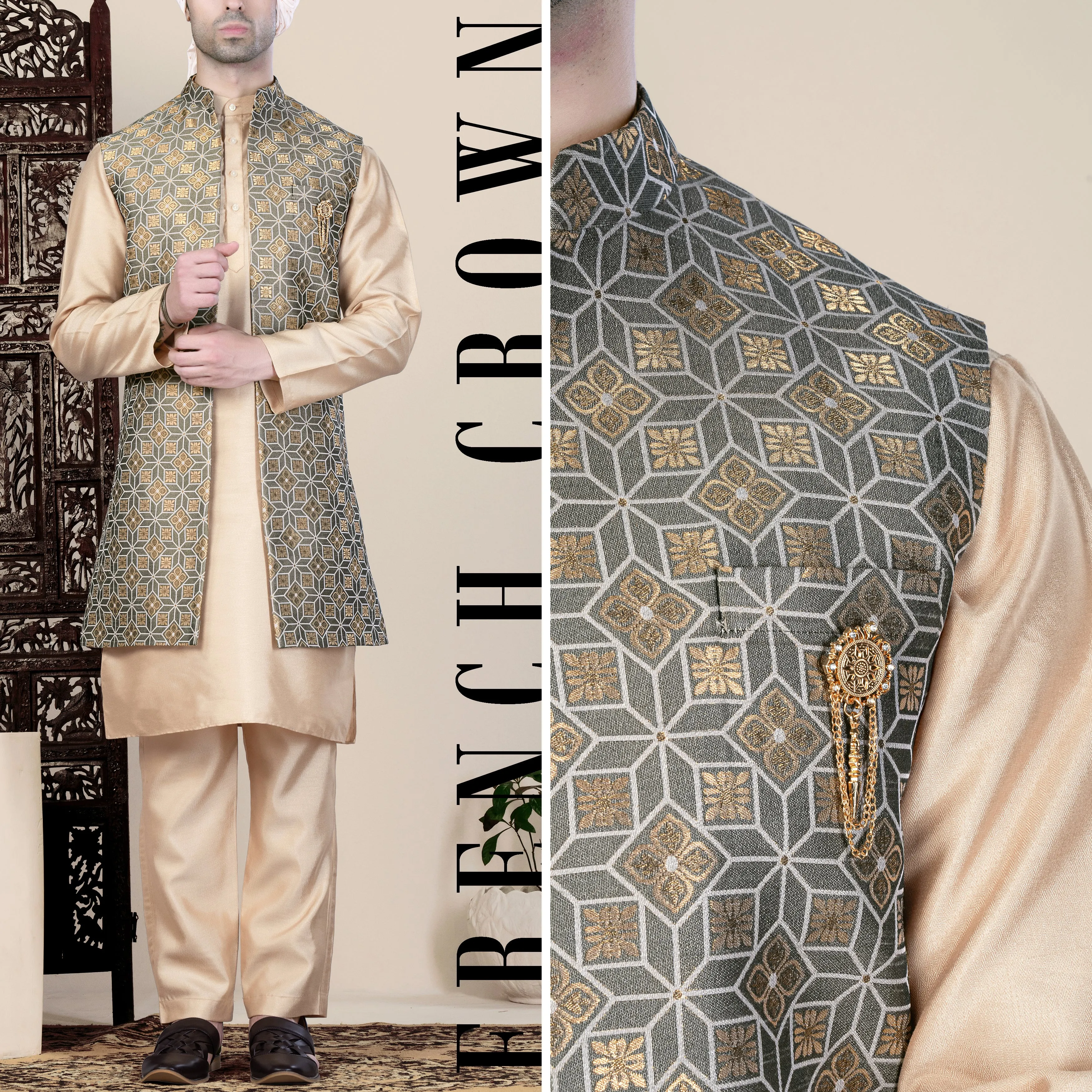 Friar Gray and Pavlova Brown Geometric Pattern Jacquard Weave Long Open Koti with Kurta sold by French Crown