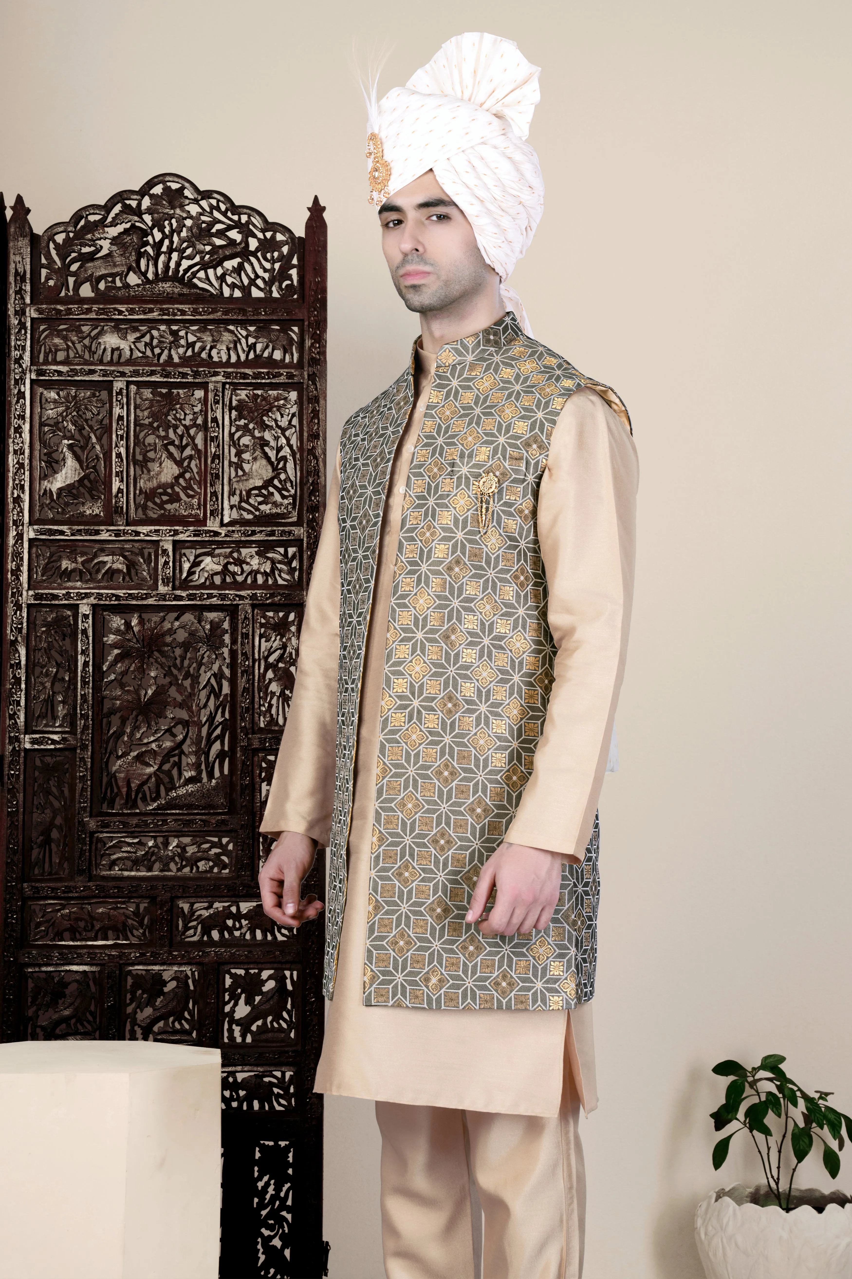 Friar Gray and Pavlova Brown Geometric Pattern Jacquard Weave Long Open Koti with Kurta sold by French Crown product image thumbnail 2