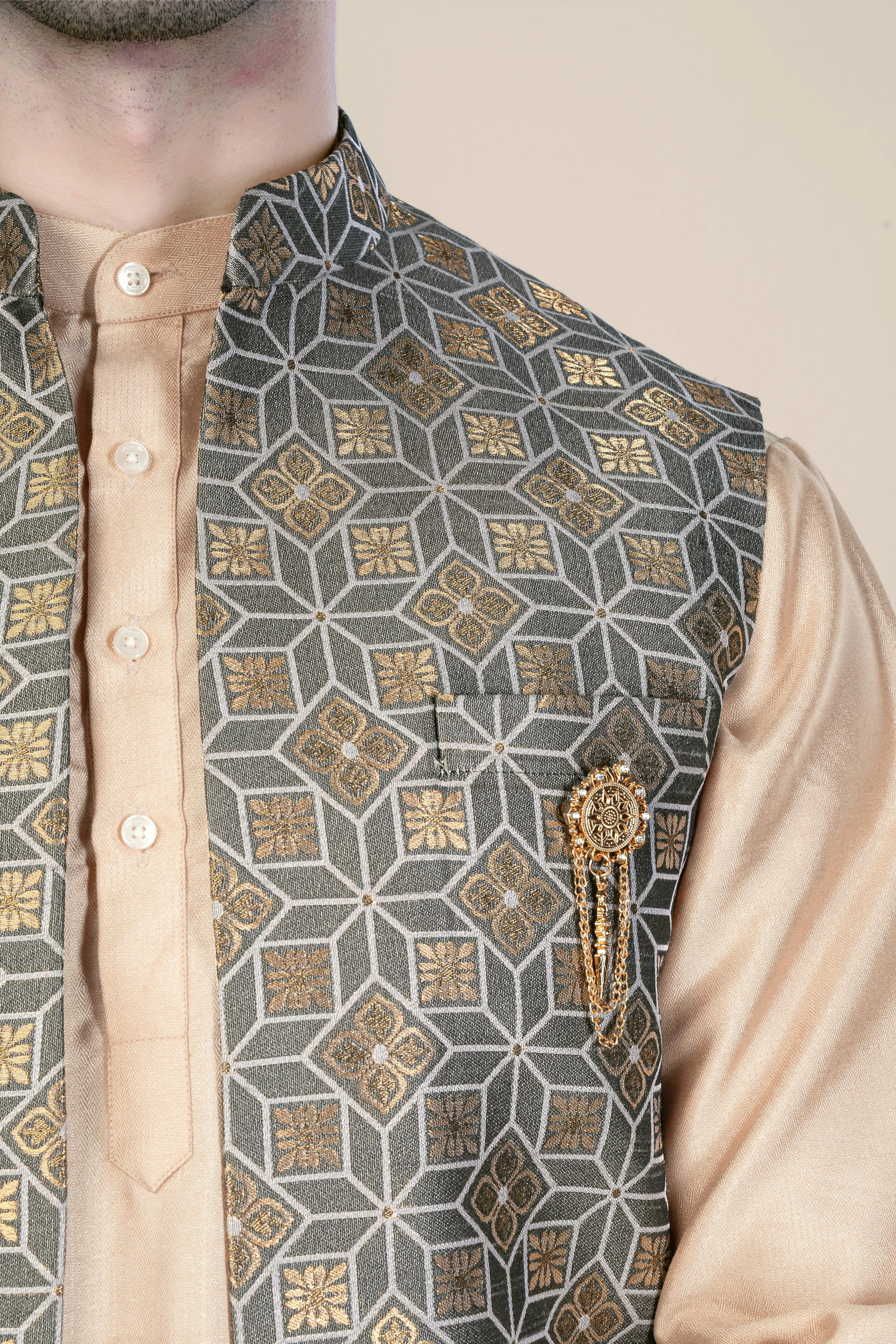 Friar Gray and Pavlova Brown Geometric Pattern Jacquard Weave Long Open Koti with Kurta sold by French Crown product image thumbnail 5