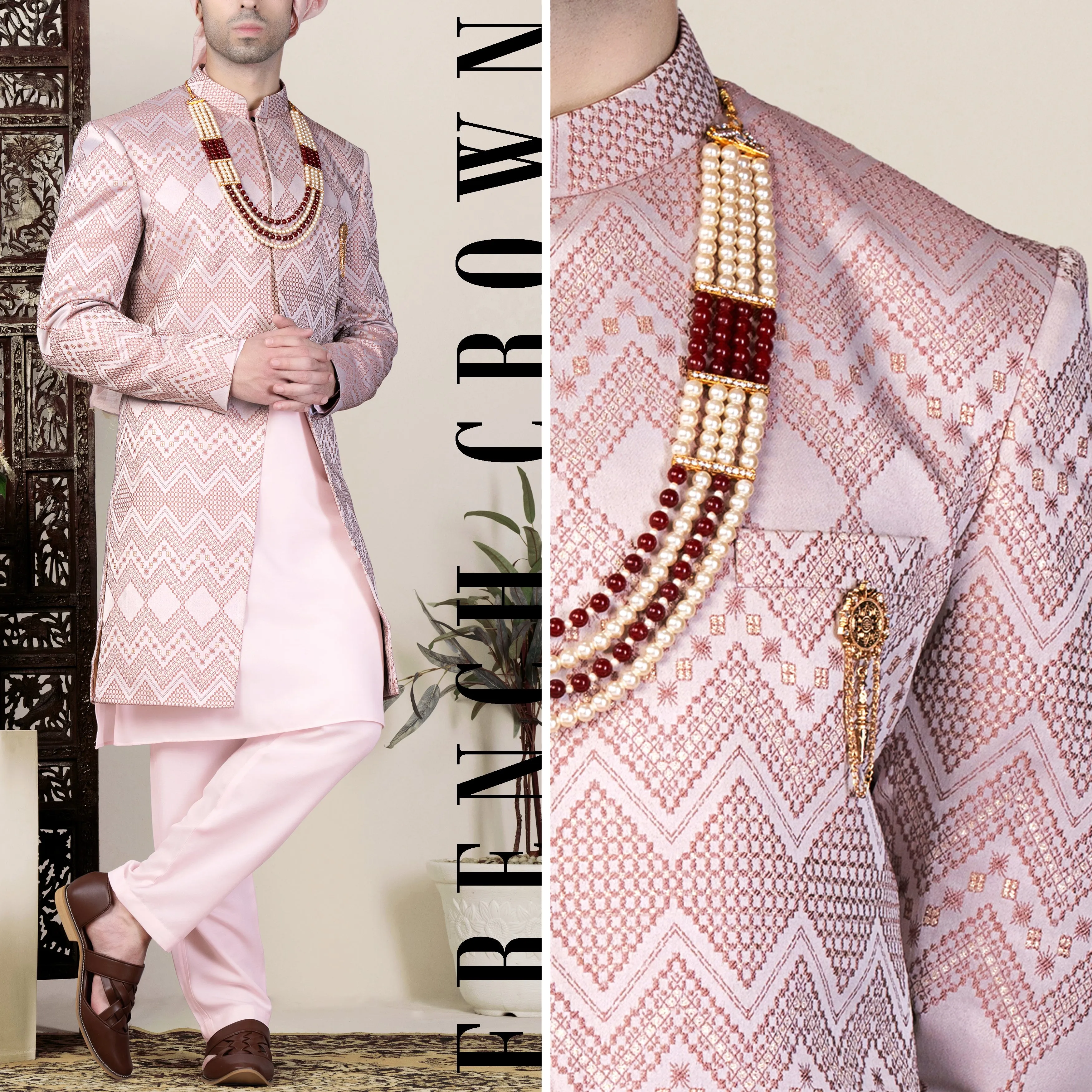 Blossom Pink Thread and Chevron Sequin Embroidered Indo-Western Sherwani sold by French Crown