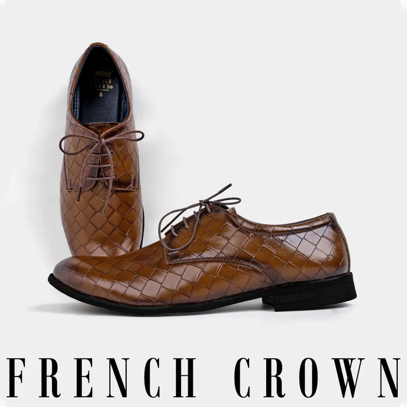Walnut Brown Weave Textured Vegan Leather Derby Shoes sold by French Crown