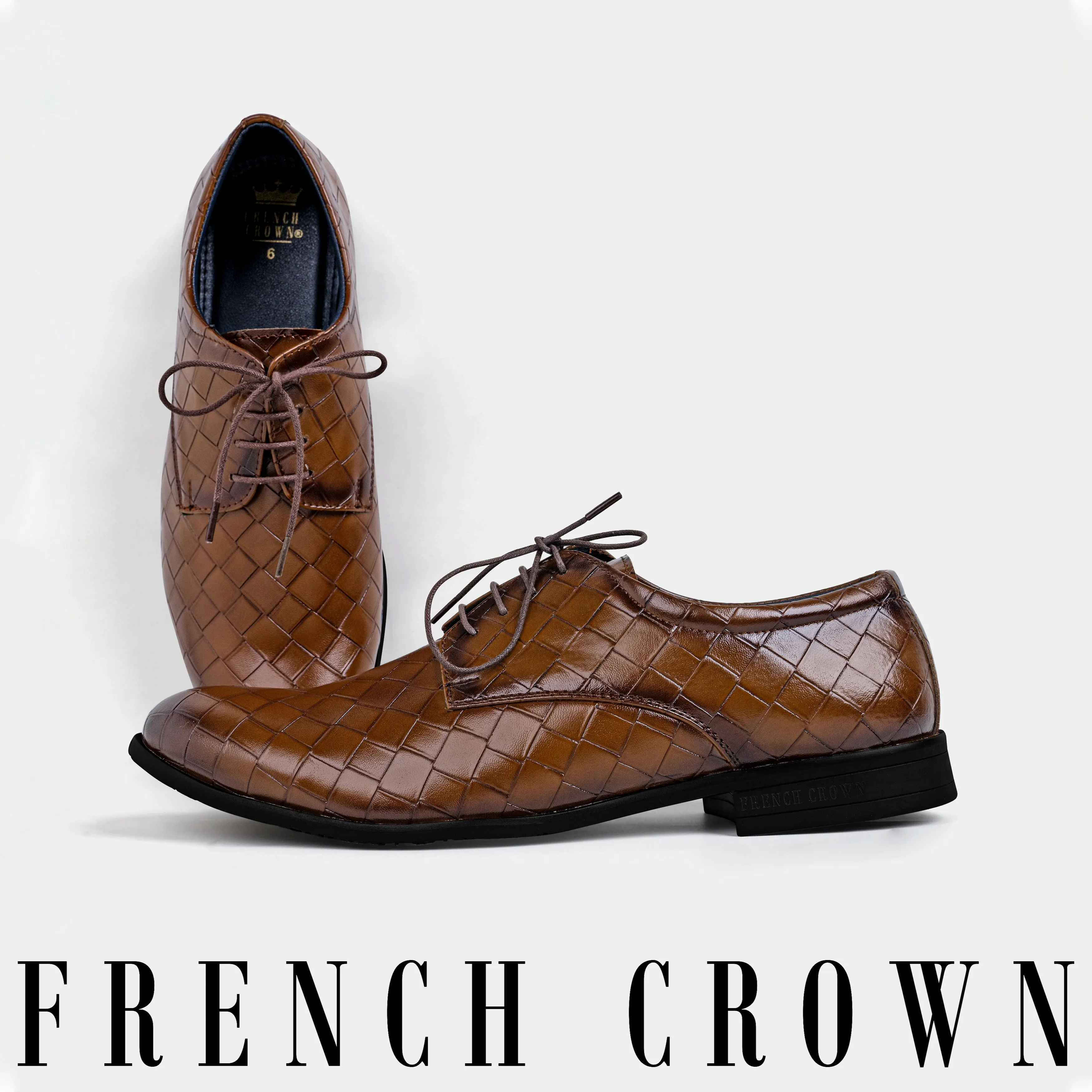 Walnut Brown Weave Textured Vegan Leather Derby Shoes sold by French Crown