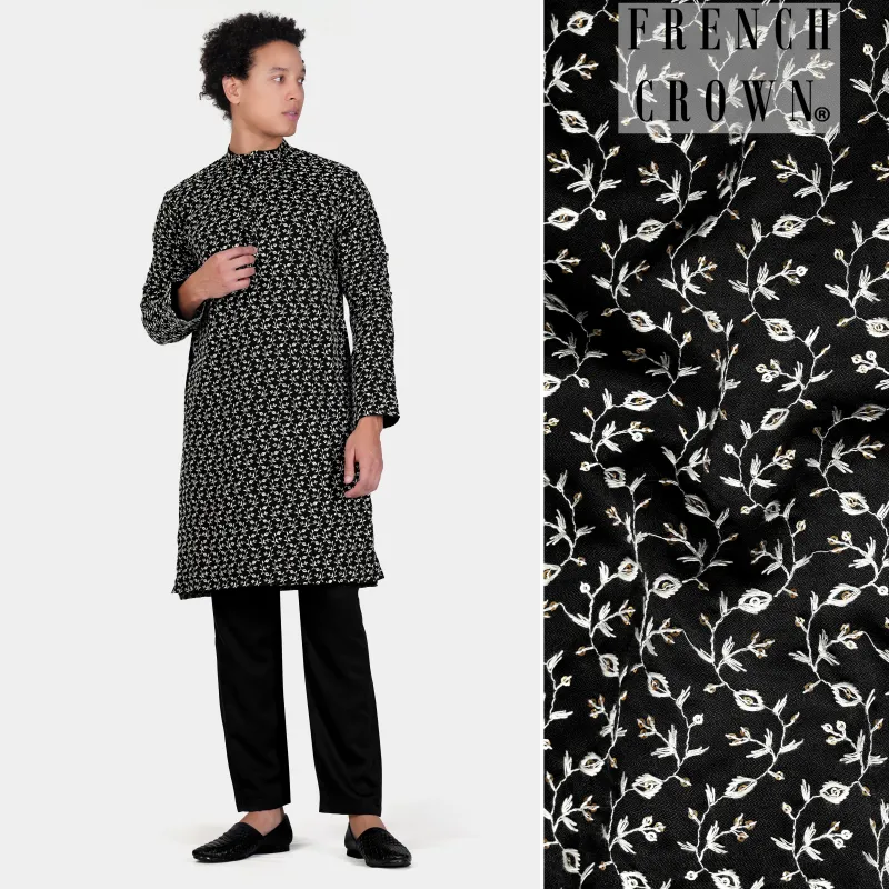 Jade Black Ditsy Pattern Thread and Sequin Embroidered Subtle Sheen Viscose Designer Kurta Set sold by French Crown