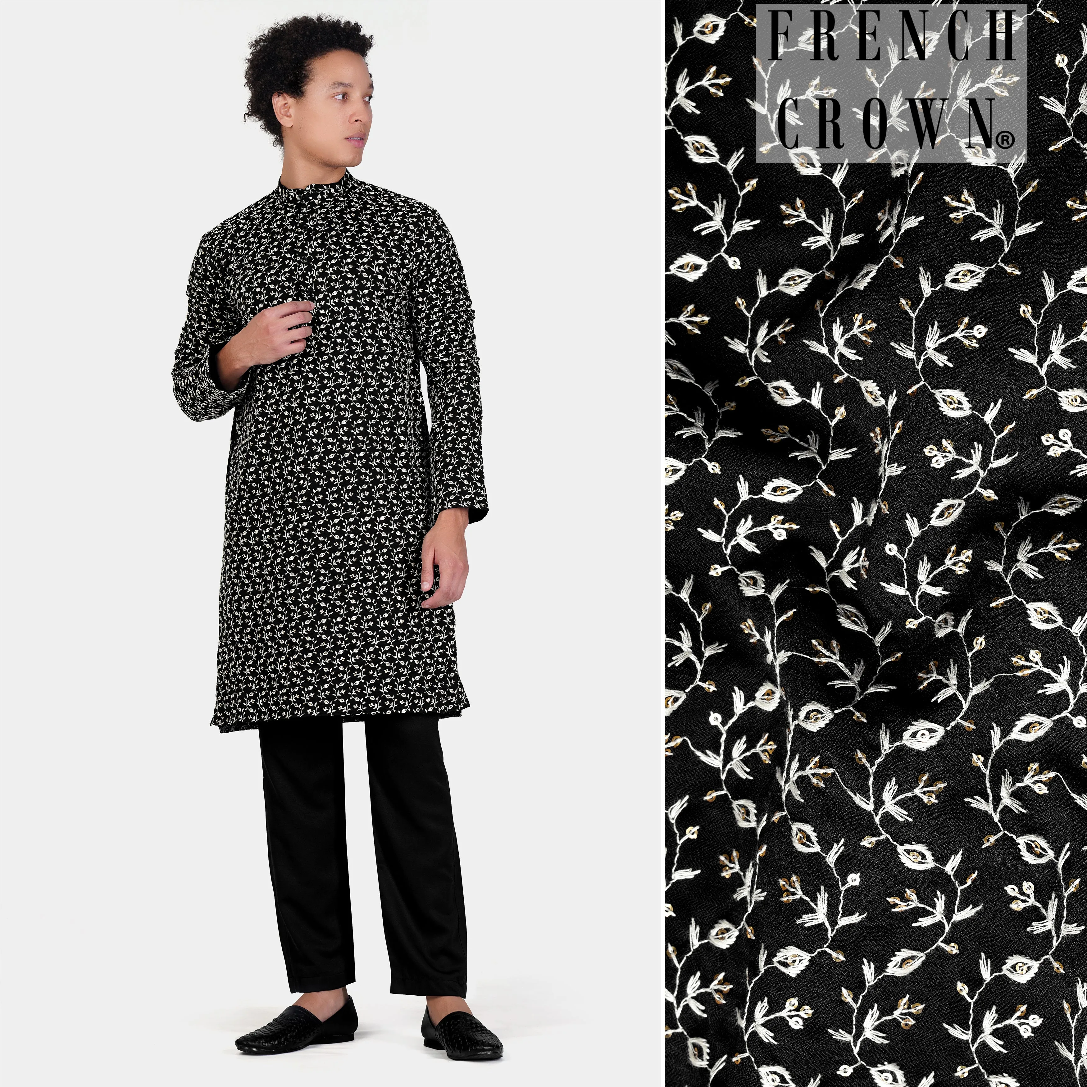 Jade Black Ditsy Pattern Thread and Sequin Embroidered Subtle Sheen Viscose Designer Kurta Set sold by French Crown