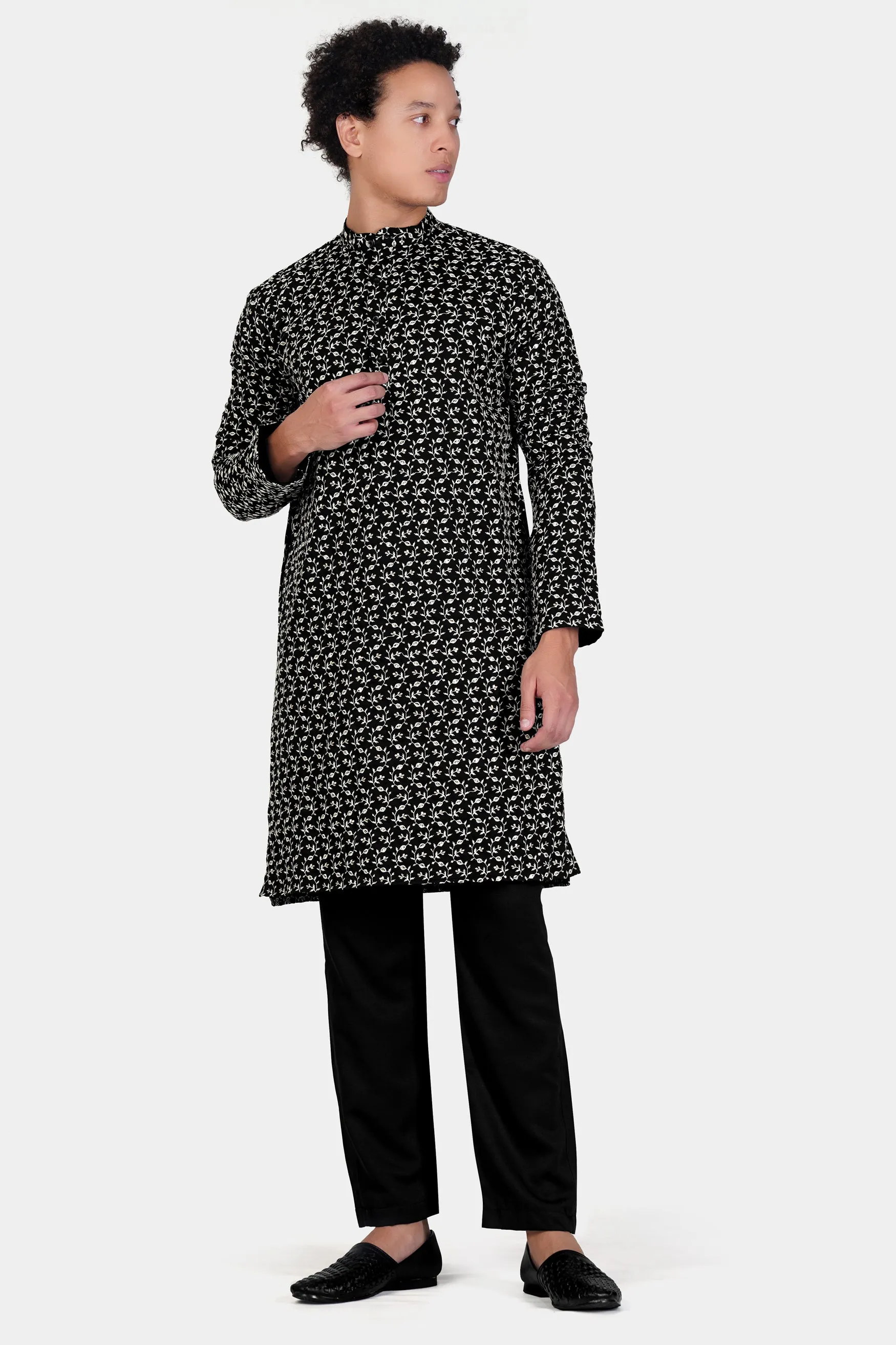 Jade Black Ditsy Pattern Thread and Sequin Embroidered Subtle Sheen Viscose Designer Kurta Set sold by French Crown product image thumbnail 2