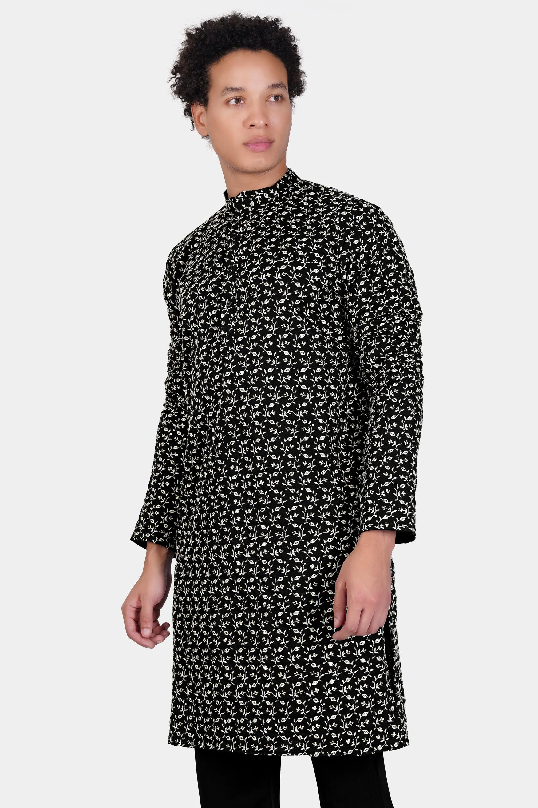 Jade Black Ditsy Pattern Thread and Sequin Embroidered Subtle Sheen Viscose Designer Kurta Set sold by French Crown product image thumbnail 5