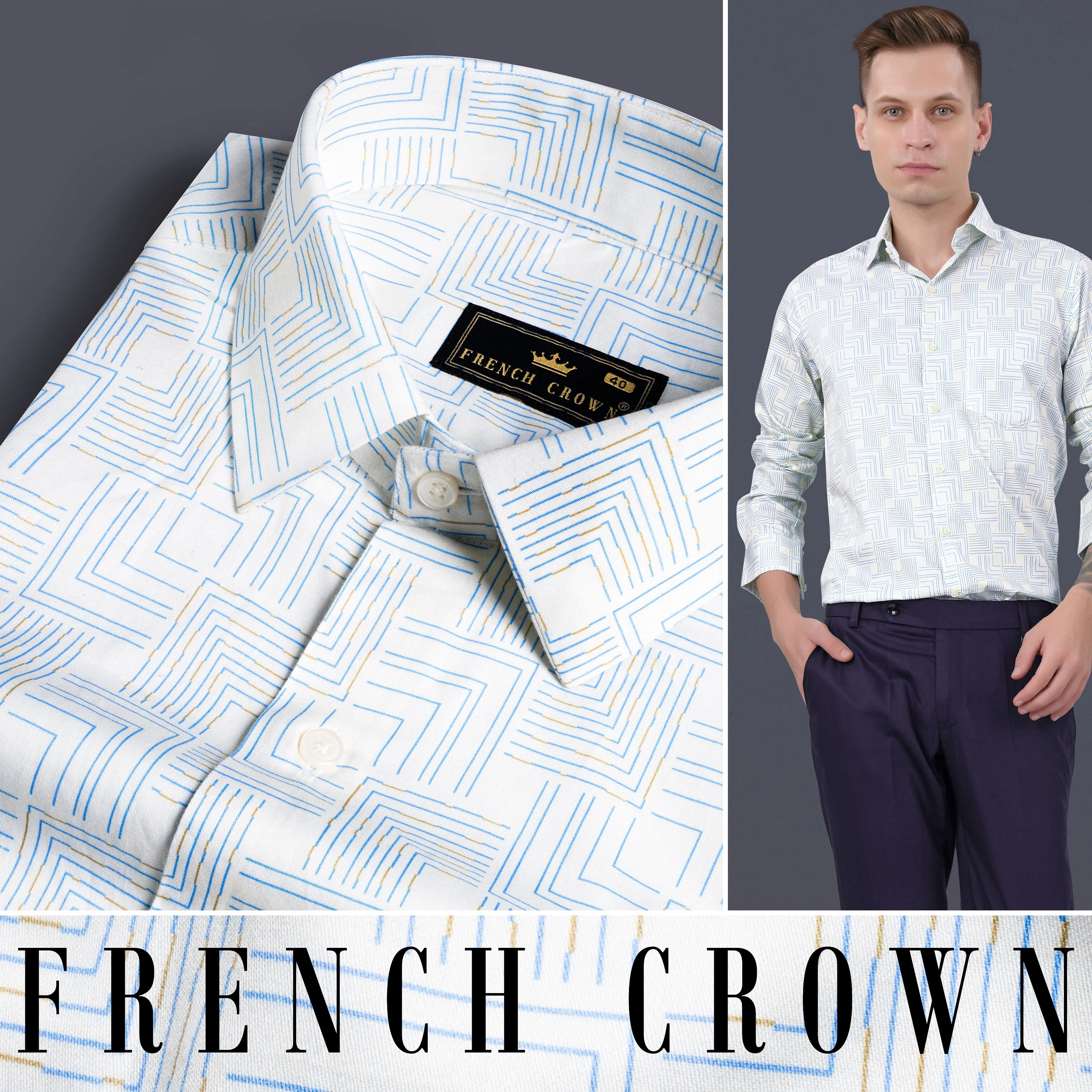 Bright White Abstract Lines Printed Subtle Sheen Super Soft Premium Cotton Shirt sold by French Crown product image thumbnail 4