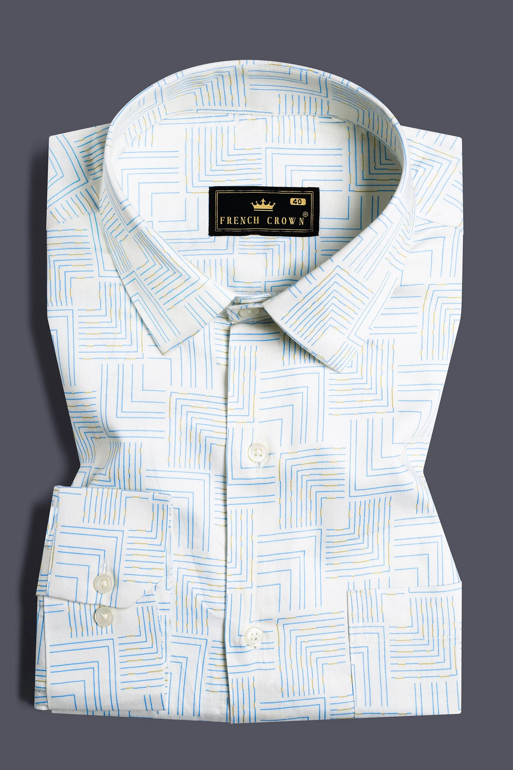 Bright White Abstract Lines Printed Subtle Sheen Super Soft Premium Cotton Shirt sold by French Crown product image thumbnail 3