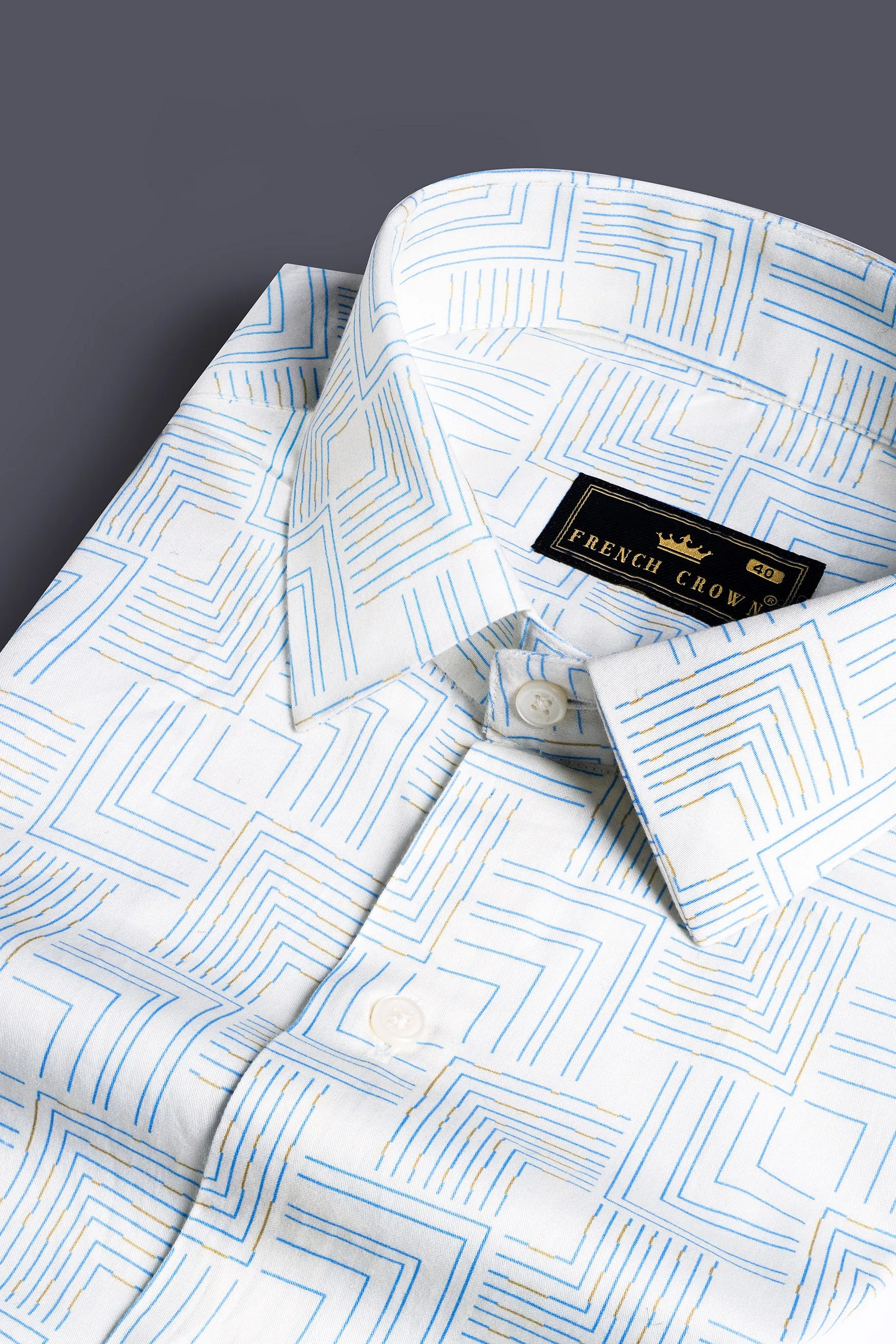 Bright White Abstract Lines Printed Subtle Sheen Super Soft Premium Cotton Shirt sold by French Crown