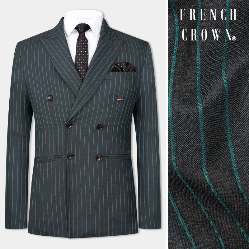 Gravel Gray and Lagoon Blue Striped Wool Rich Double Breasted Blazer sold by French Crown