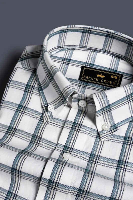 Bright White and Casal Blue Twill Plaid Premium Cotton Shirt sold by French Crown