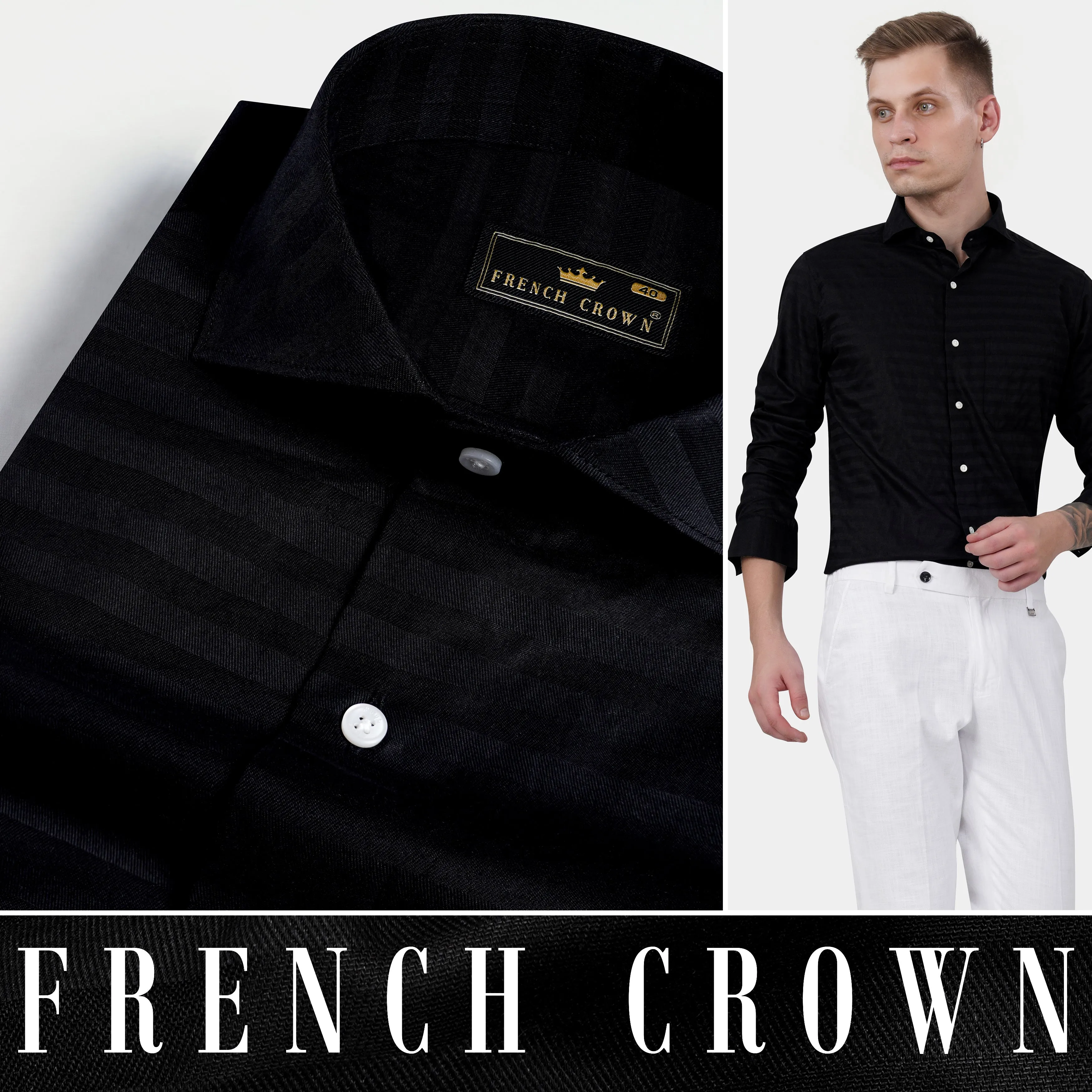 Jade Black Striped Dobby Textured Premium Giza Cotton Shirt sold by French Crown product image thumbnail 4