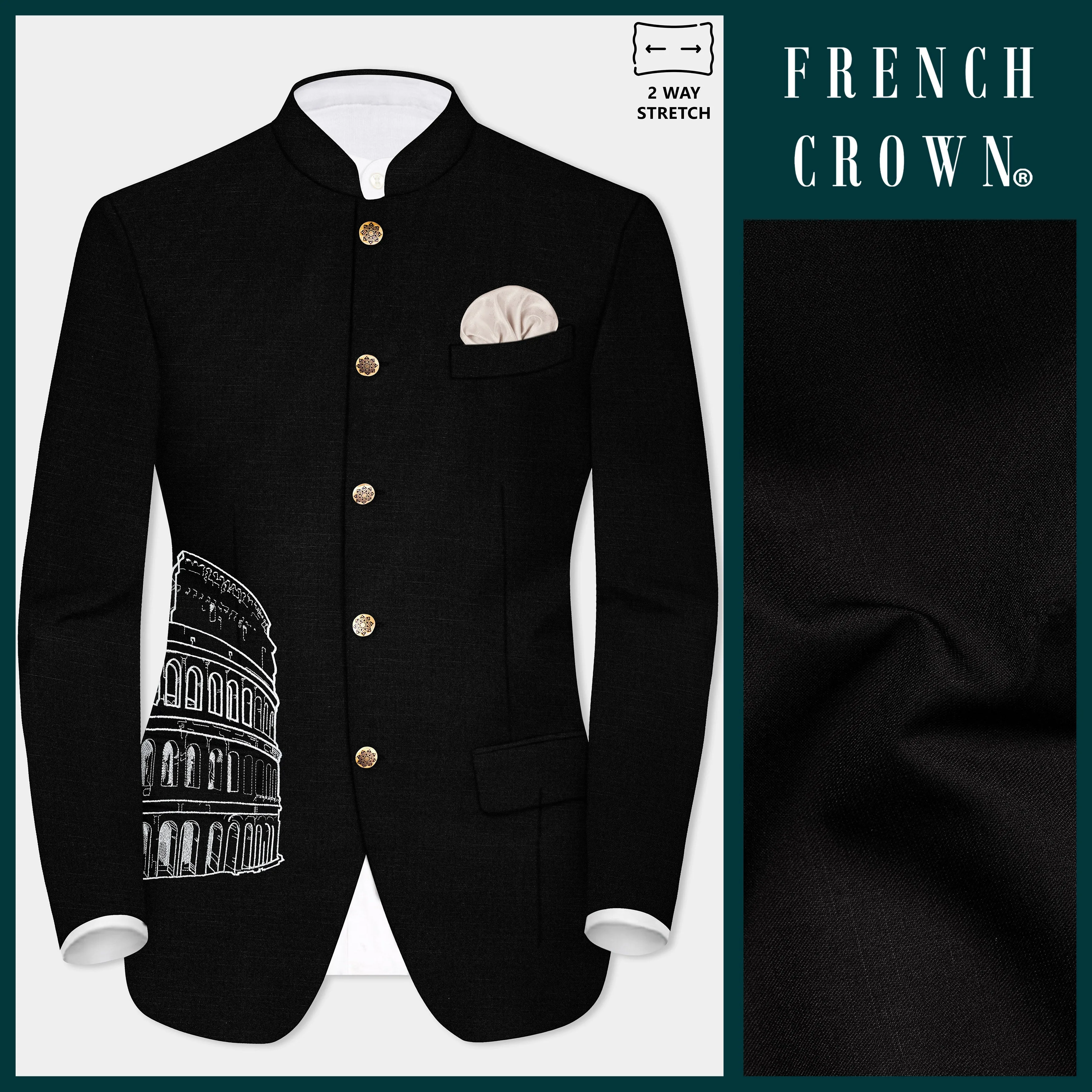 Jade Black Stretchable Colosseum Embroidered Wool Rich Designer Blazer sold by French Crown