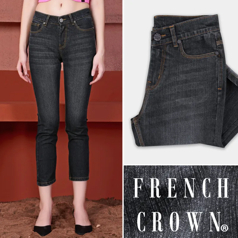 Women's Skinny Fit Jade Black Whiskering Wash Ankle Length Stretchable Denim sold by French Crown