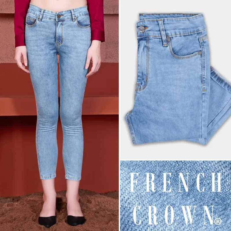Women's Skinny Fit Moonstone Blue Whiskering Wash Stretchable Denim sold by French Crown