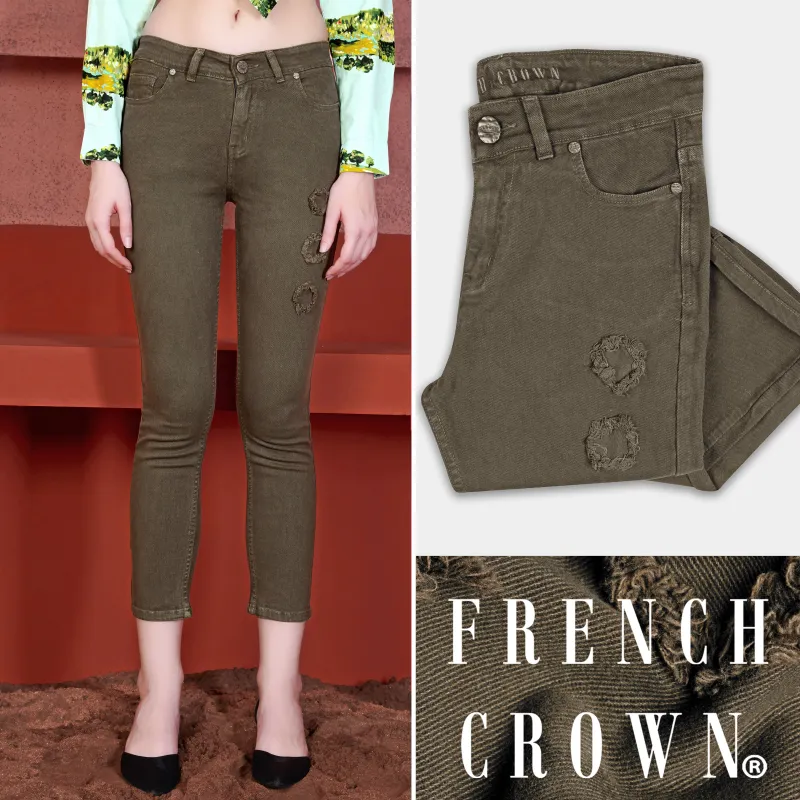 Women's Skinny Fit Taupe Brown Rinse Wash Mildly Distressed Ankle Length Denim sold by French Crown