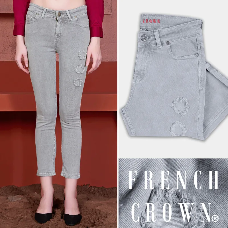 Women's Skinny Fit Mountain Mist Gray Rinse Wash Mildly Distressed Denim sold by French Crown