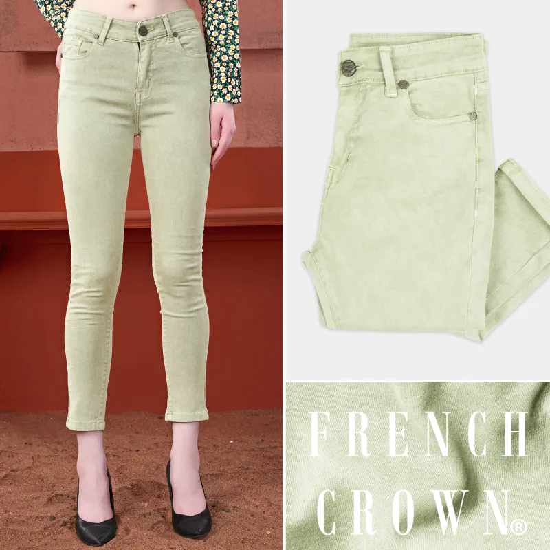 Women's Skinny Fit Soft Amber Green Rinse Wash Stretchable Denim sold by French Crown