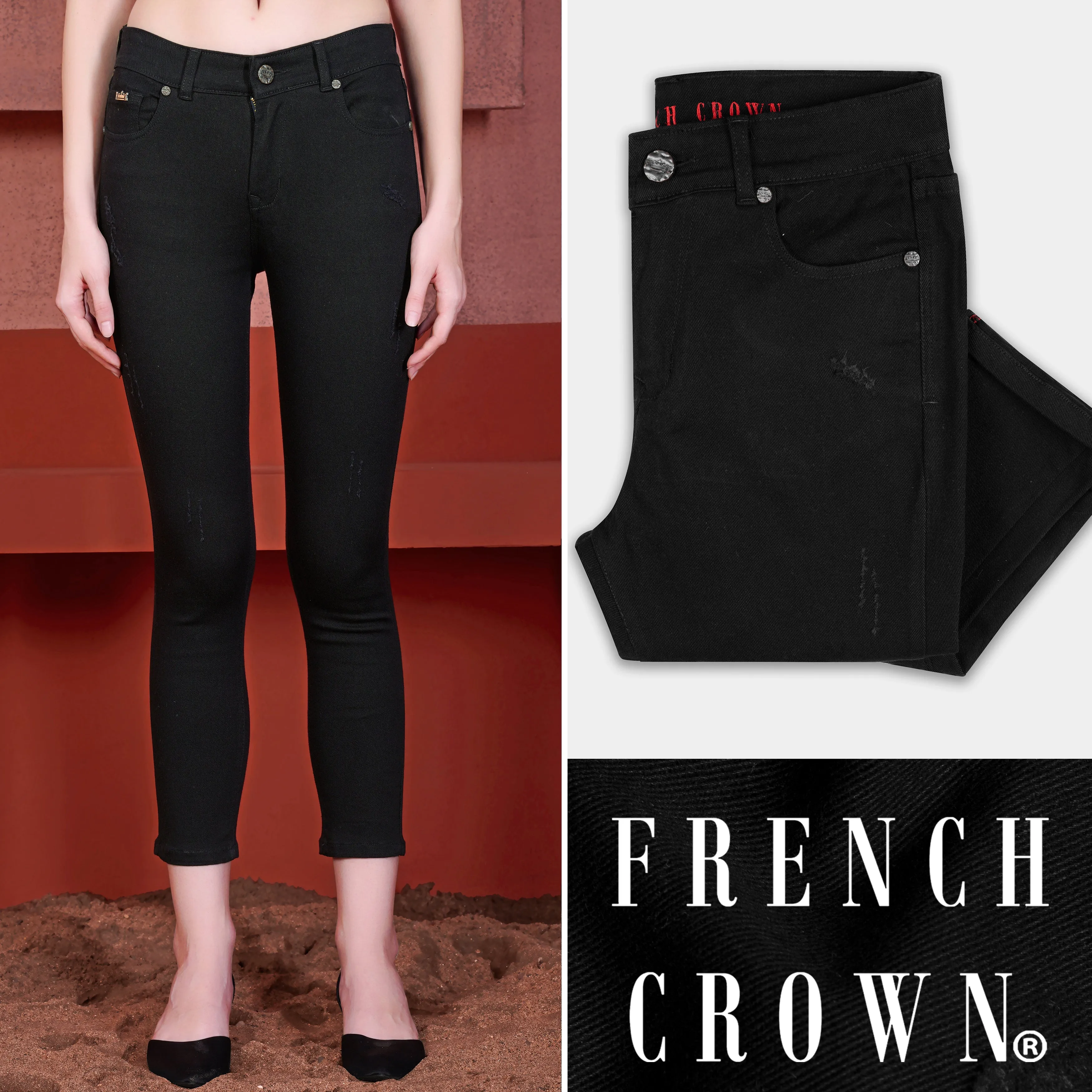 Women's Skinny Fit Jade Black Rinse Wash Stretchable Denim sold by French Crown