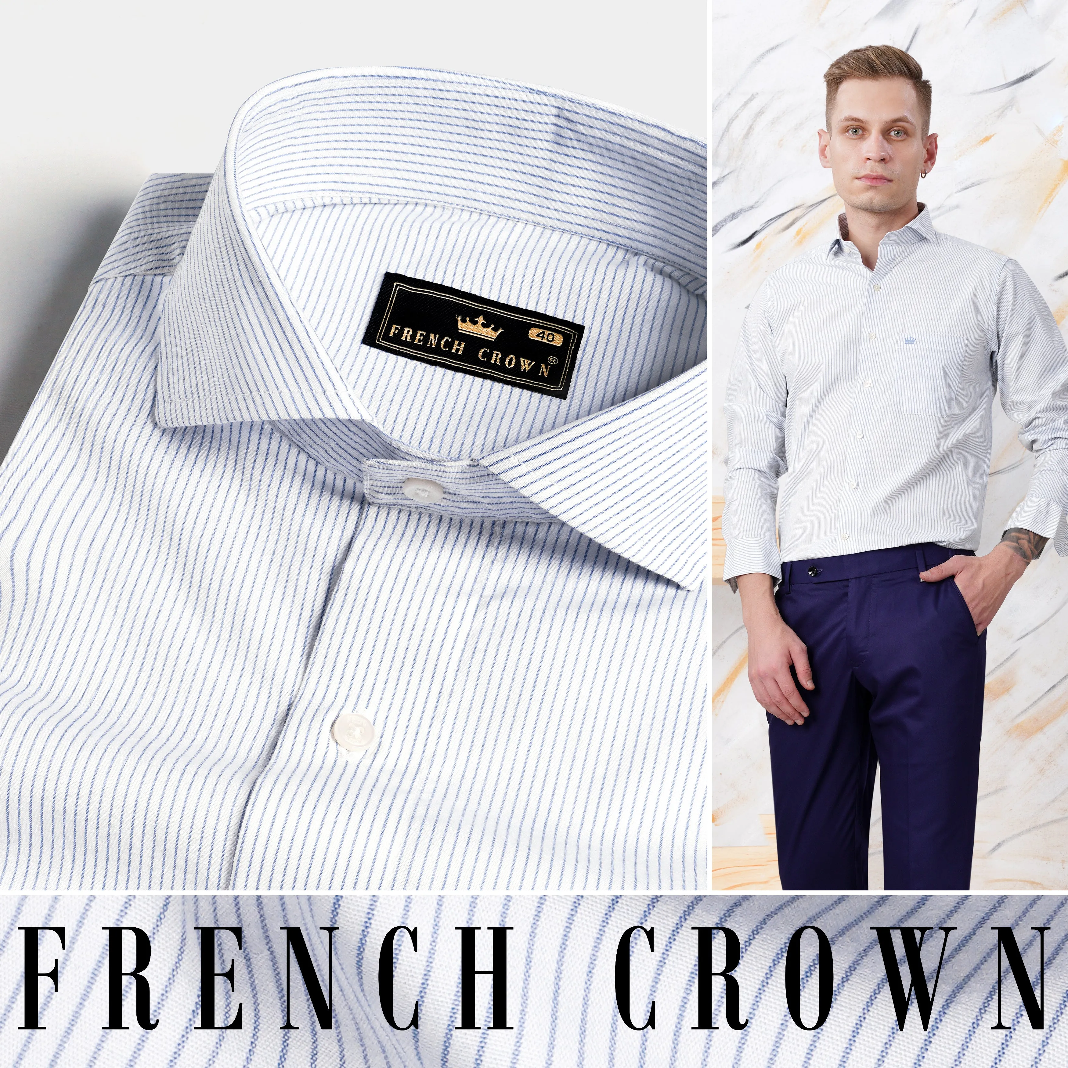 Bright White and Yonder Blue PinStriped Premium Cotton Shirt sold by French Crown product image thumbnail 4