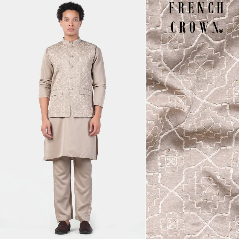 Chalice Brown Subtle Sheen Viscose Kurta Set with Trellis Pattern Thread and Sequin Embroidered Designer Nehru Jacket sold by French Crown