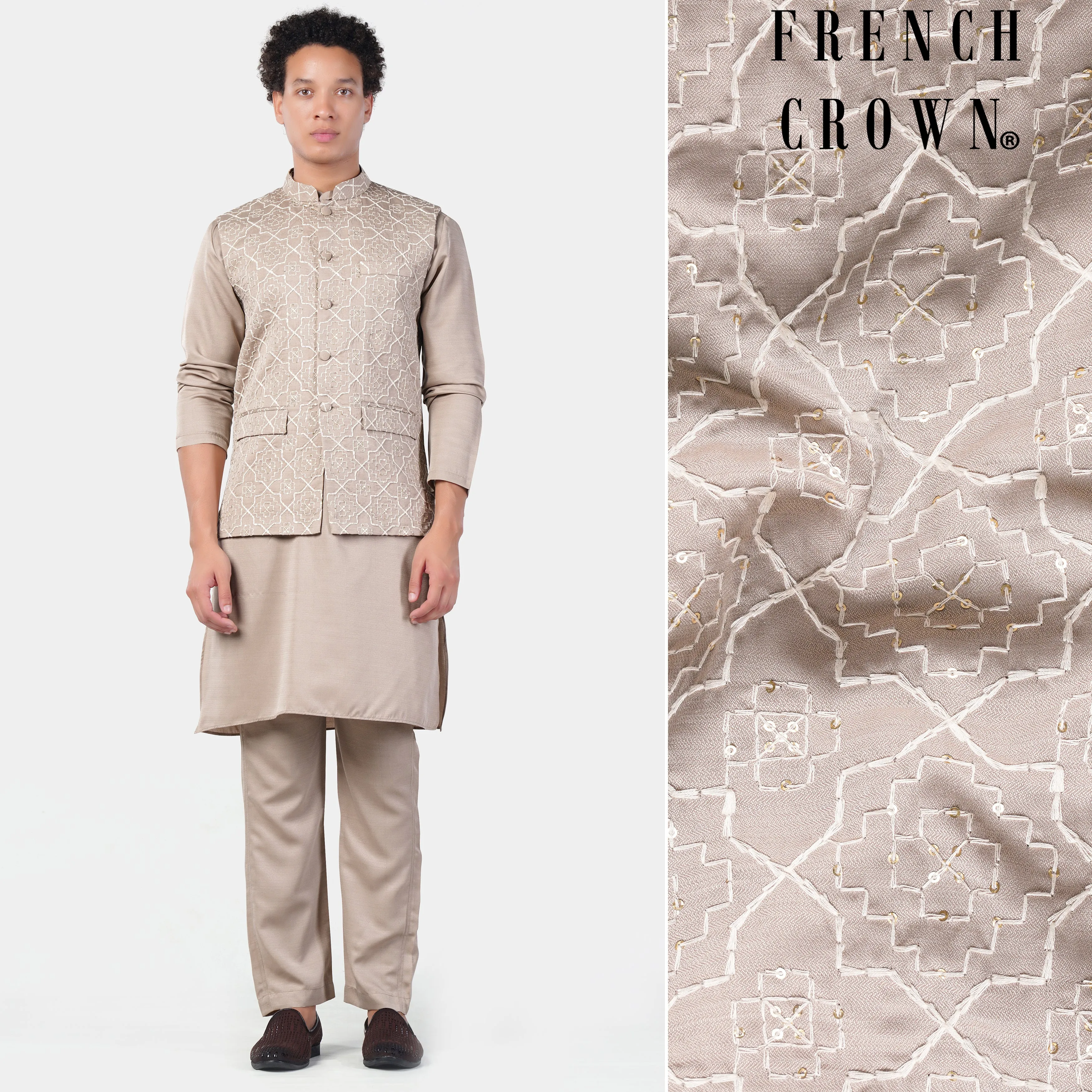 Chalice Brown Subtle Sheen Viscose Kurta Set with Trellis Pattern Thread and Sequin Embroidered Designer Nehru Jacket sold by French Crown