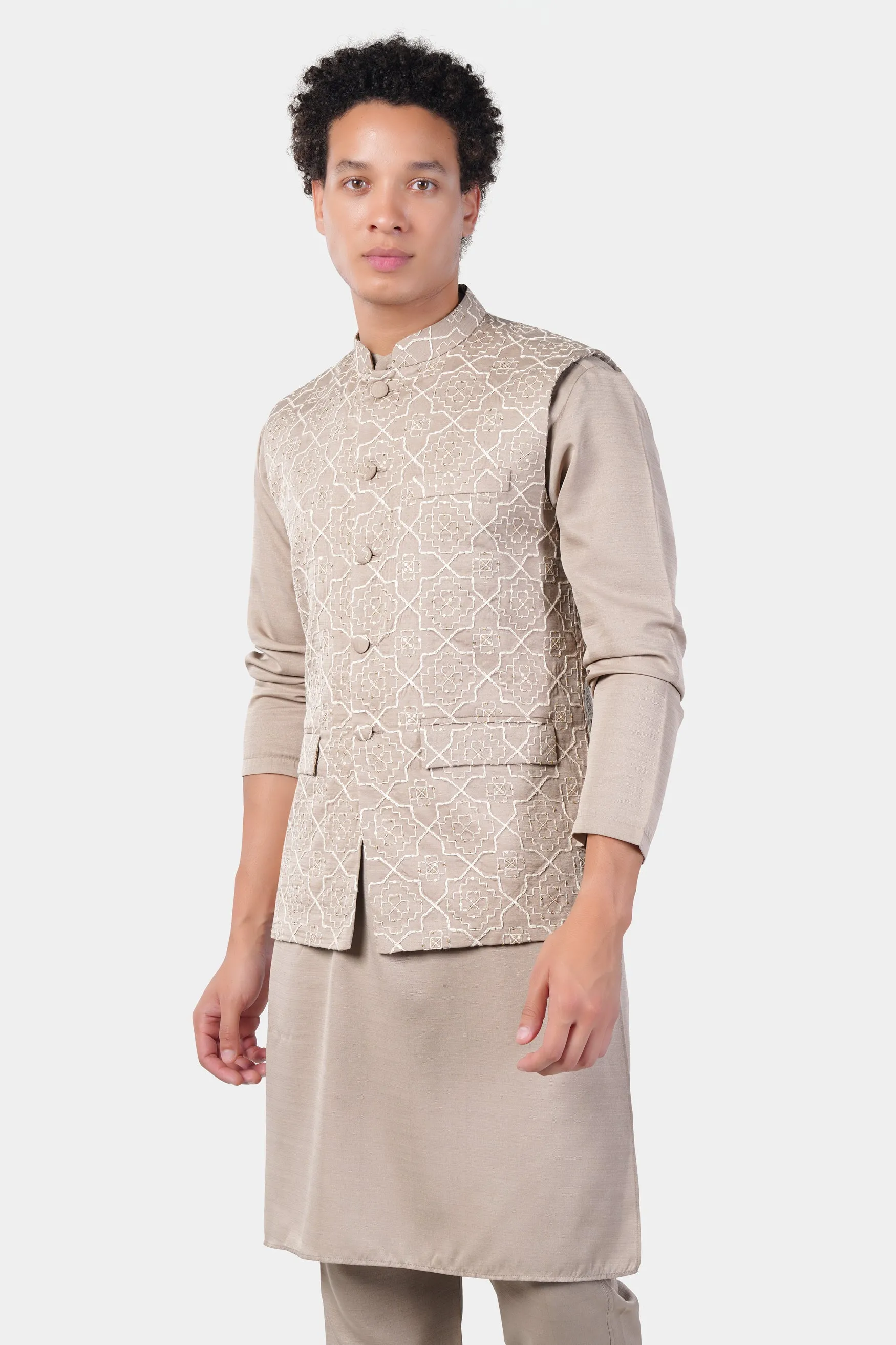 Chalice Brown Subtle Sheen Viscose Kurta Set with Trellis Pattern Thread and Sequin Embroidered Designer Nehru Jacket sold by French Crown product image thumbnail 5