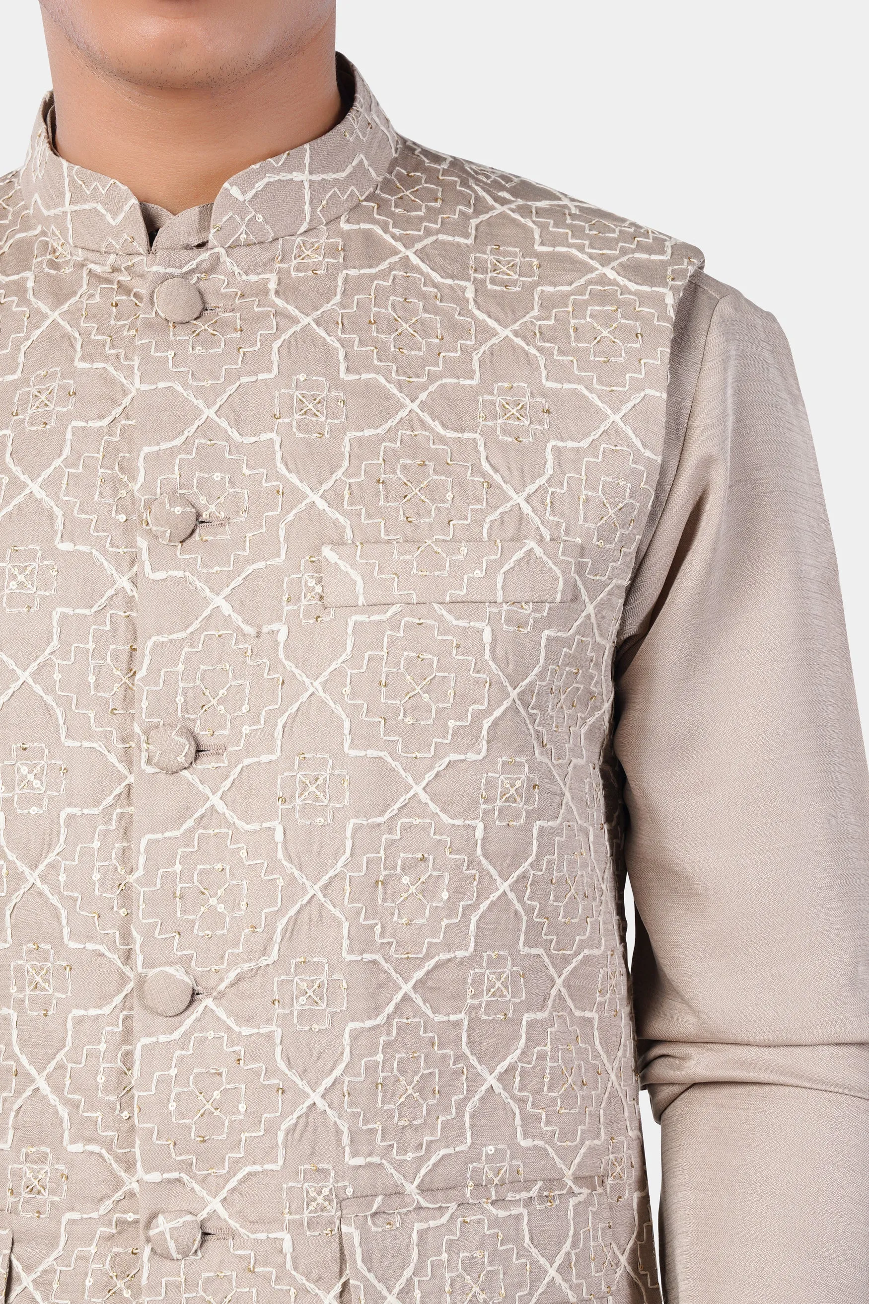 Chalice Brown Subtle Sheen Viscose Kurta Set with Trellis Pattern Thread and Sequin Embroidered Designer Nehru Jacket sold by French Crown product image thumbnail 4
