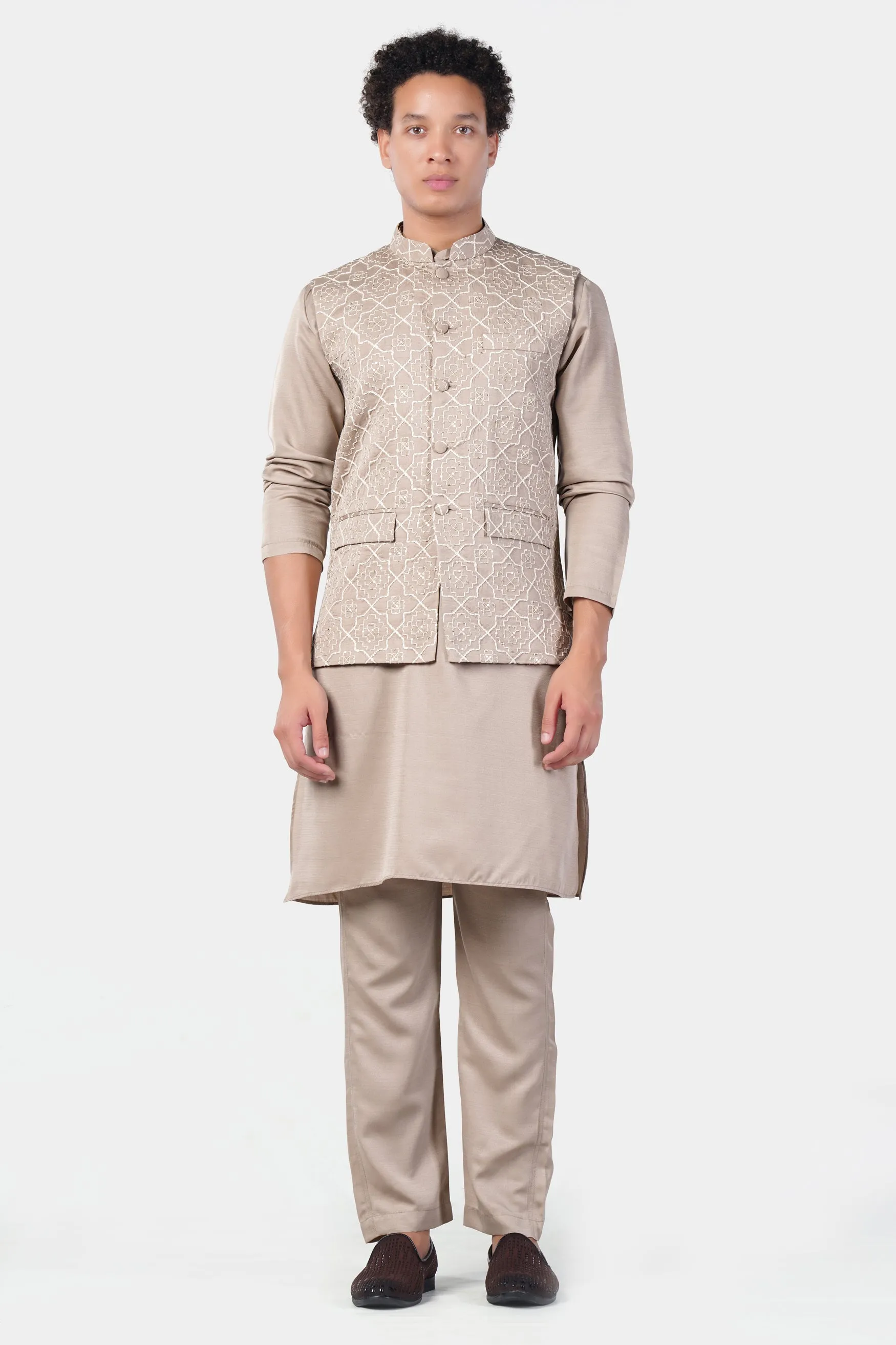 Chalice Brown Subtle Sheen Viscose Kurta Set with Trellis Pattern Thread and Sequin Embroidered Designer Nehru Jacket sold by French Crown product image thumbnail 2