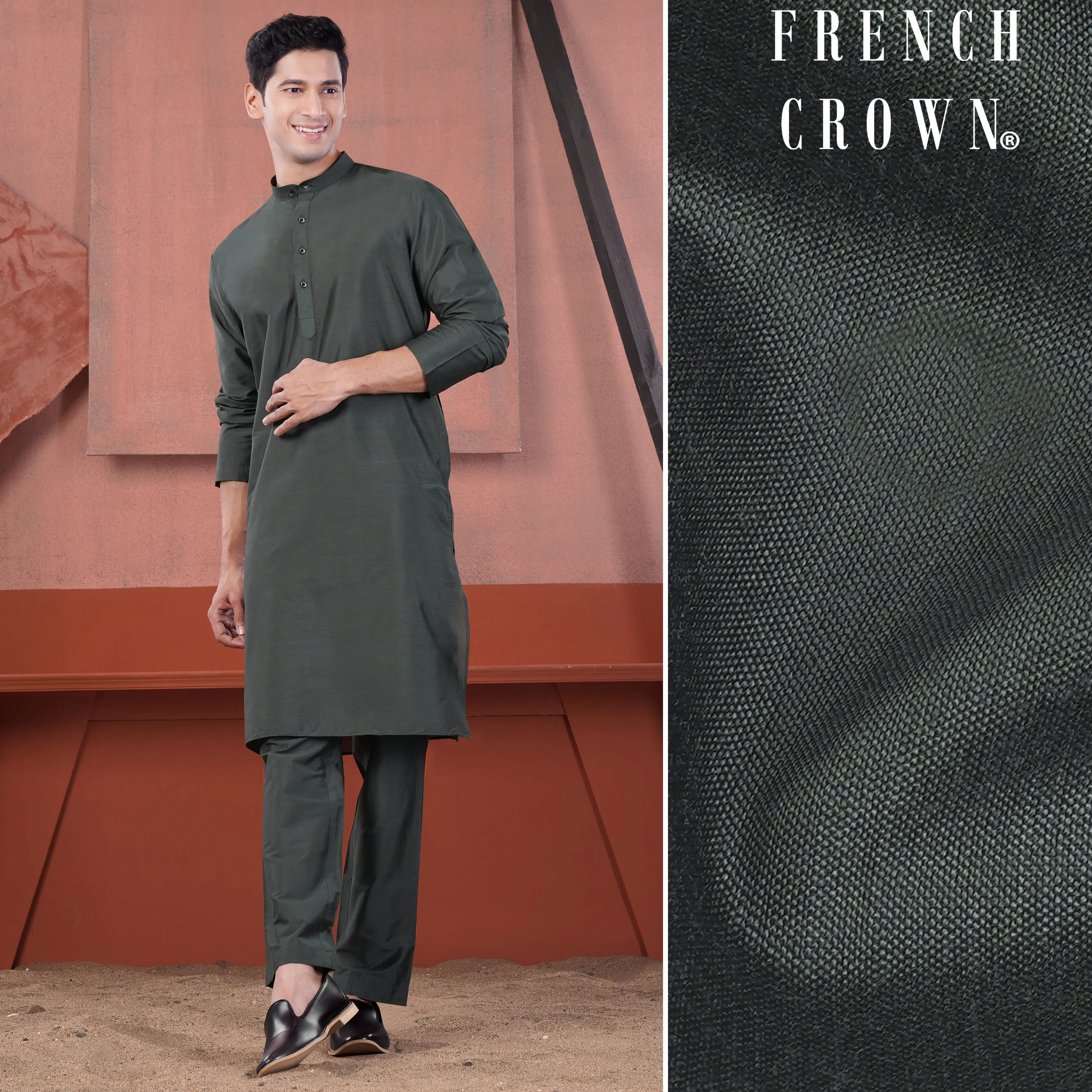 Gravel Green Subtle Sheen Viscose Kurta Set sold by French Crown
