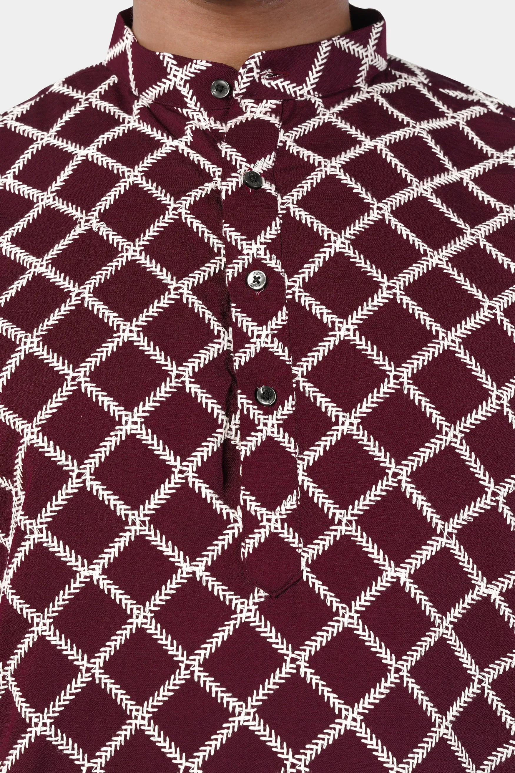 Aubergine Maroon and White Geometric Pattern Thread Embroidered Subtle Sheen Viscose Designer Kurta Set sold by French Crown product image thumbnail 4