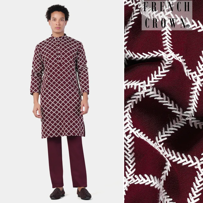 Aubergine Maroon and White Geometric Pattern Thread Embroidered Subtle Sheen Viscose Designer Kurta Set sold by French Crown