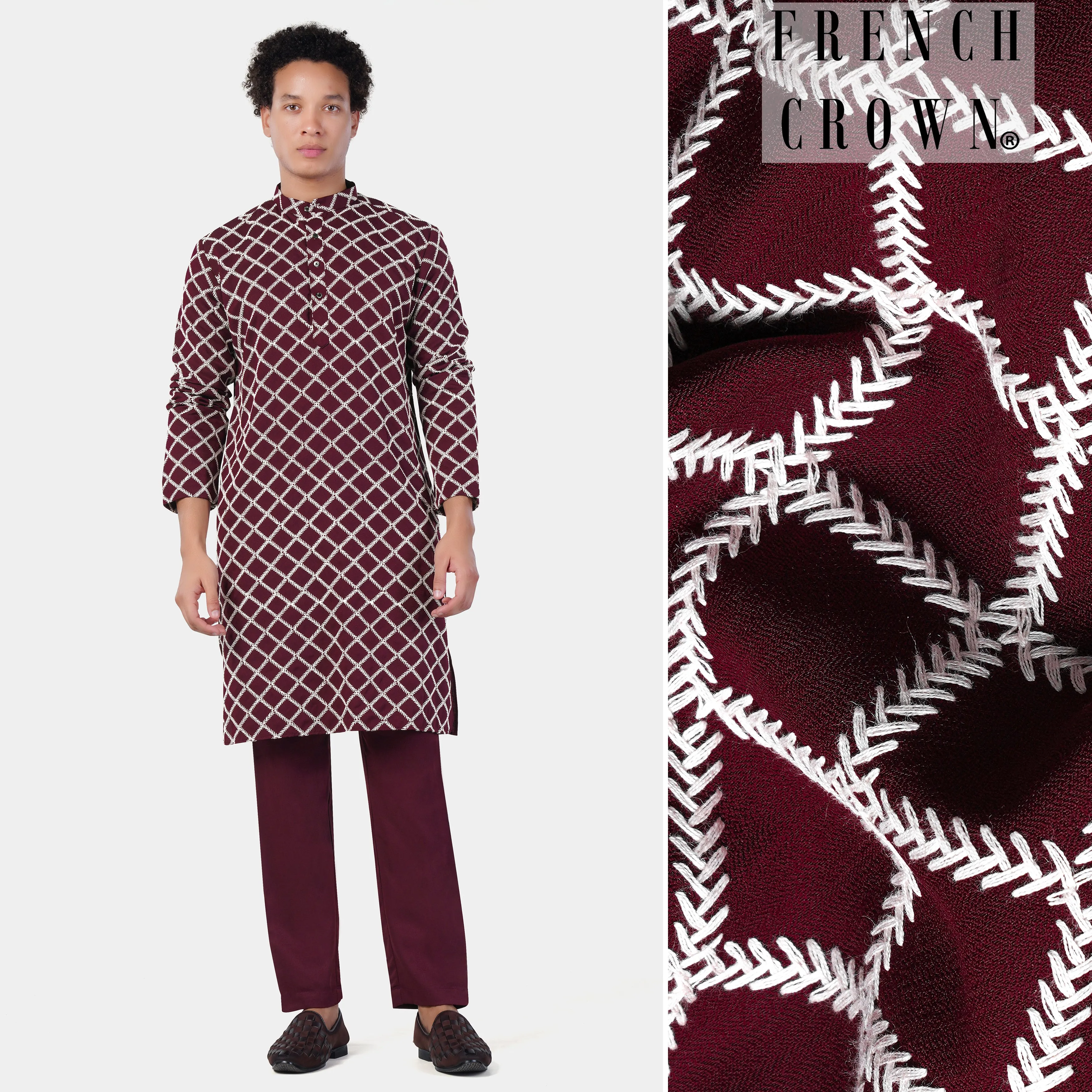 Aubergine Maroon and White Geometric Pattern Thread Embroidered Subtle Sheen Viscose Designer Kurta Set sold by French Crown