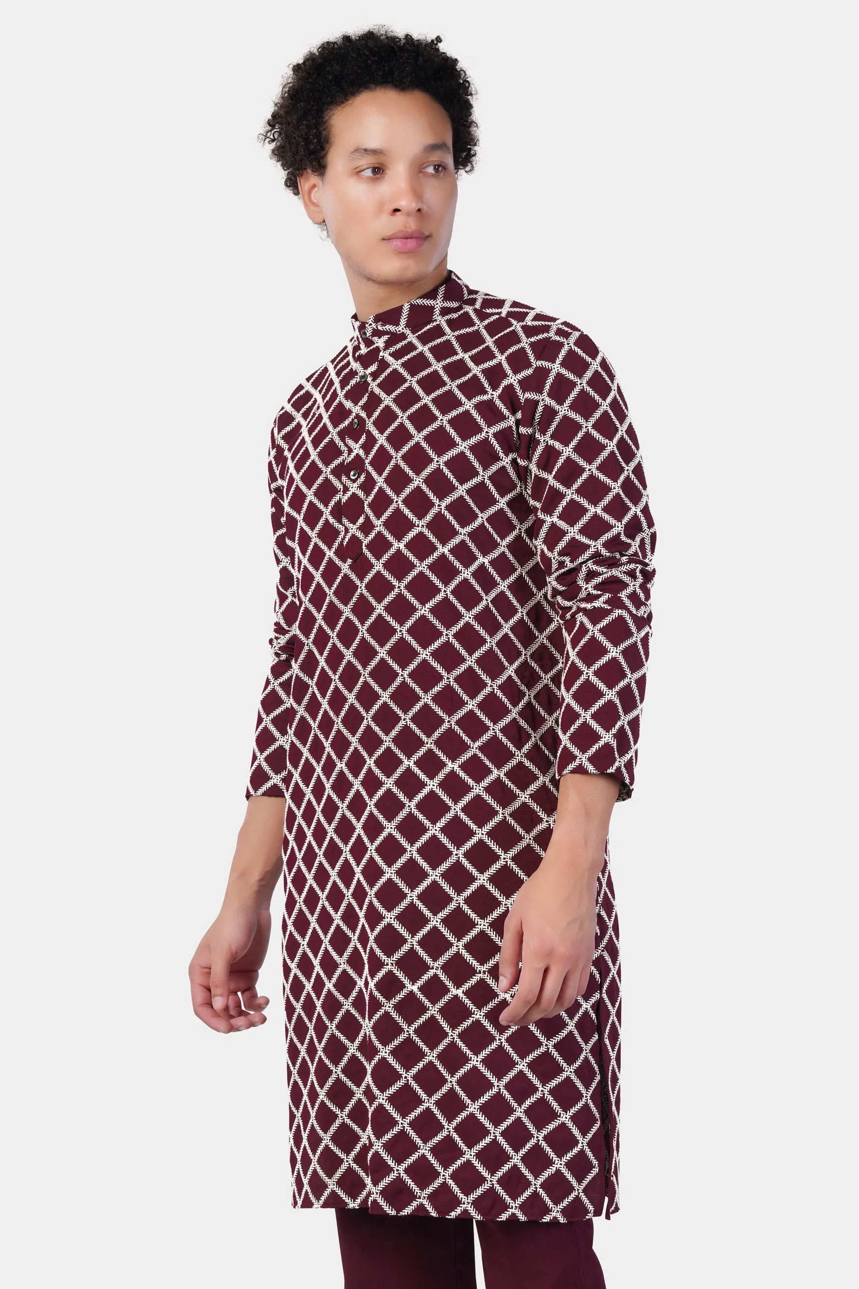 Aubergine Maroon and White Geometric Pattern Thread Embroidered Subtle Sheen Viscose Designer Kurta Set sold by French Crown product image thumbnail 5