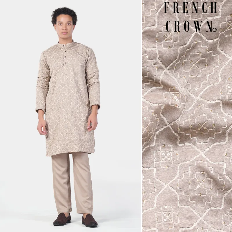 Chalice Brown and White Trellis Pattern Thread and Sequin Embroidered Subtle Sheen Viscose Designer Kurta Set sold by French Crown