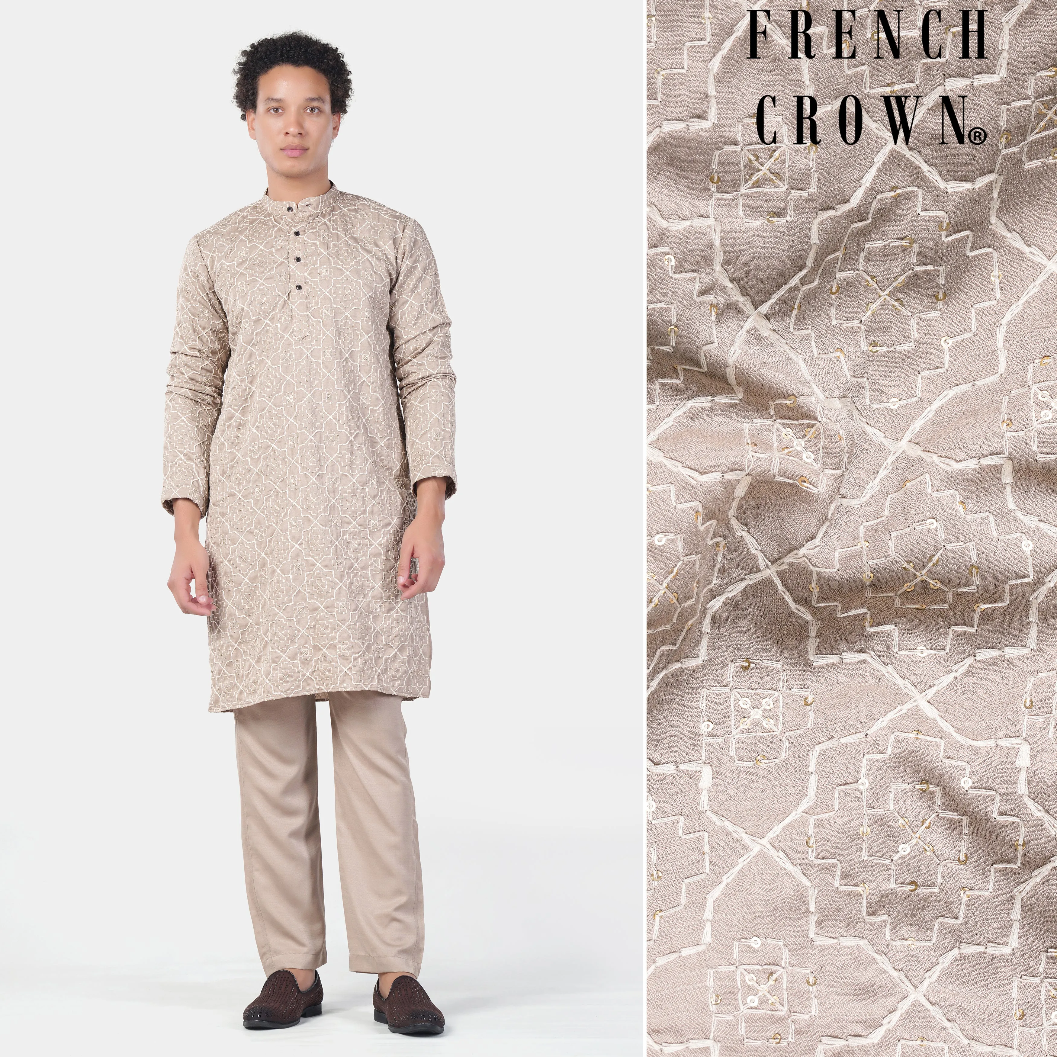 Chalice Brown and White Trellis Pattern Thread and Sequin Embroidered Subtle Sheen Viscose Designer Kurta Set sold by French Crown